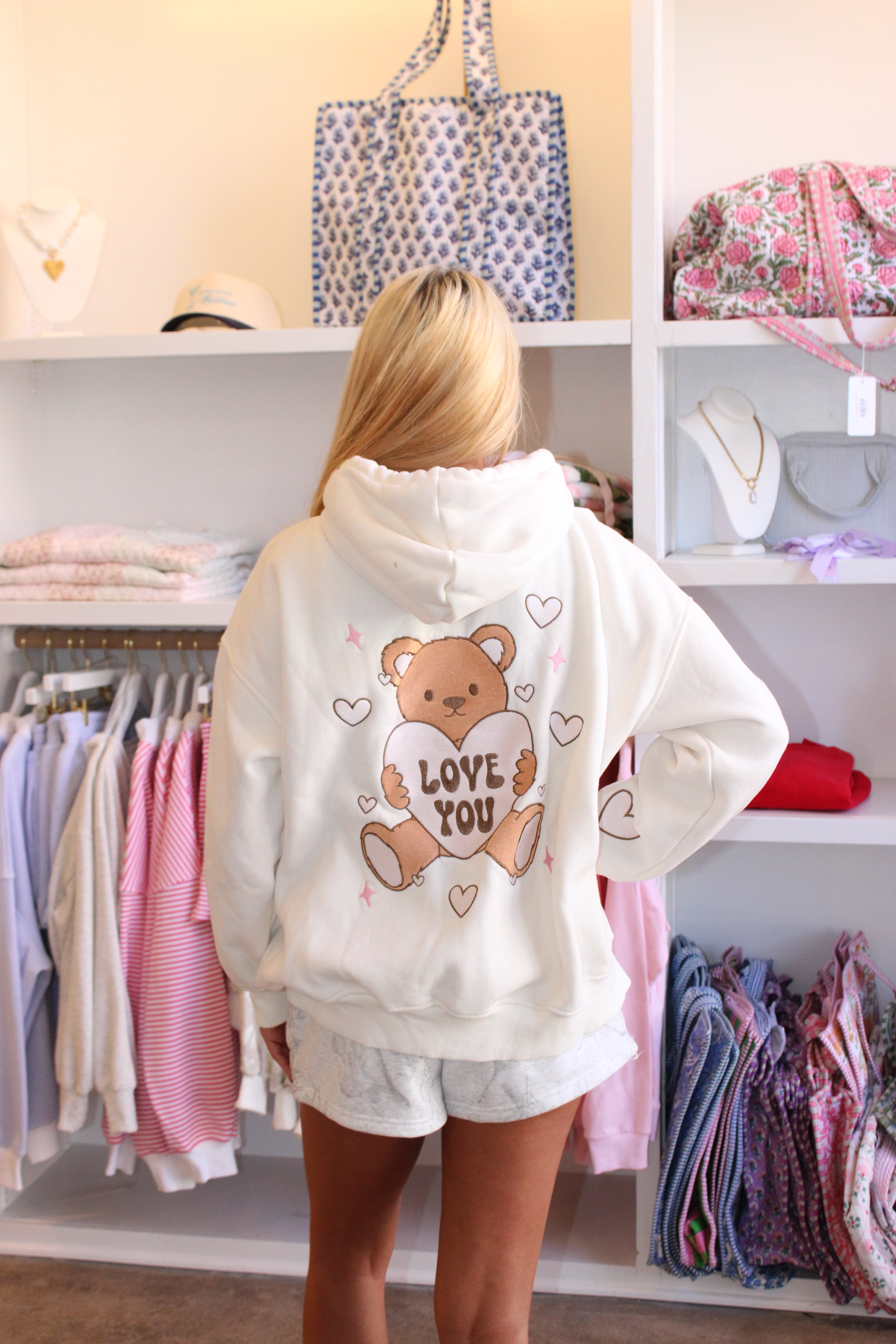 Love You Teddy Bear Embroidered Hoodie - Ivory