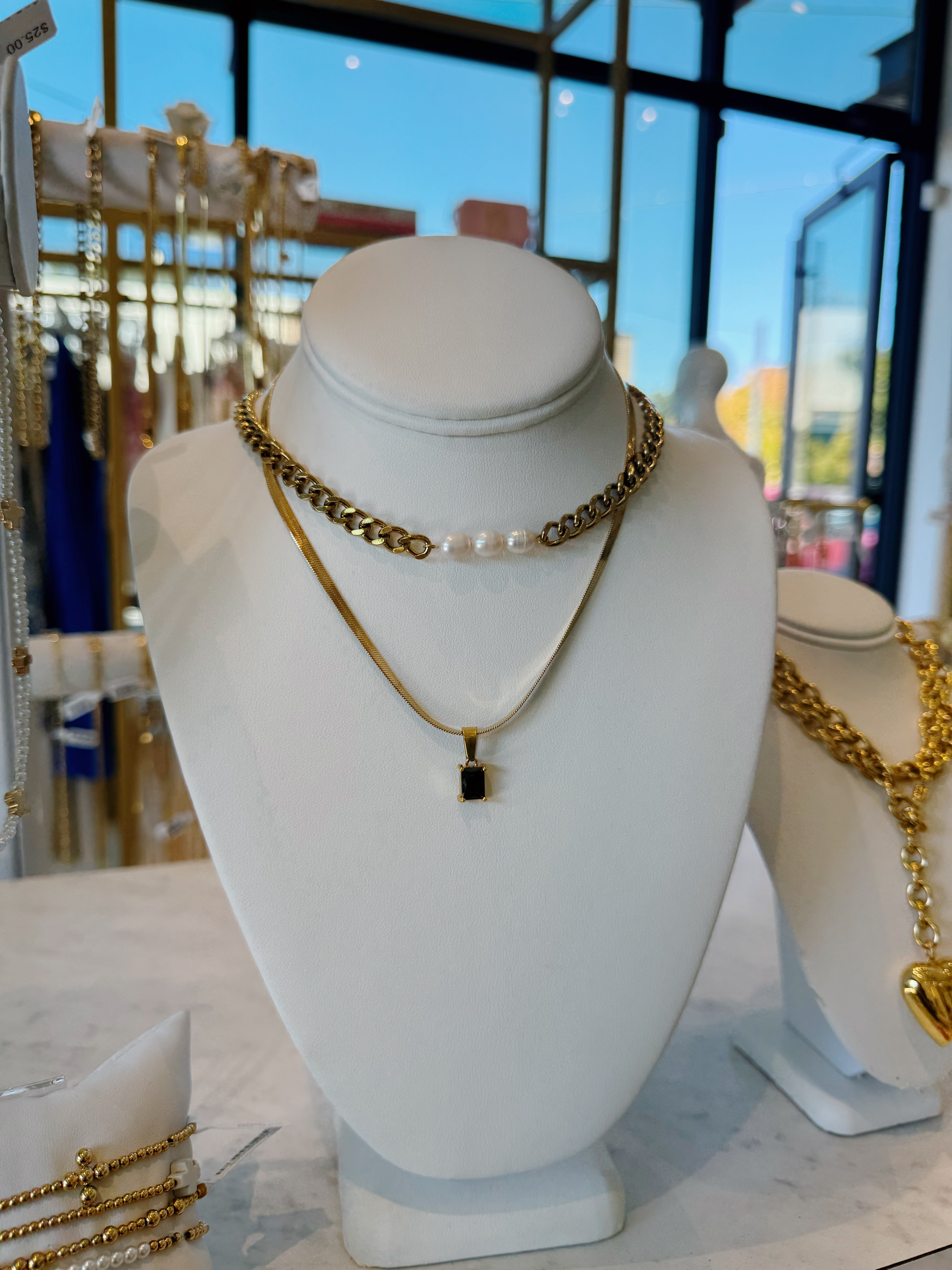 Pearl + Chain Necklace - Gold - Water Resistant