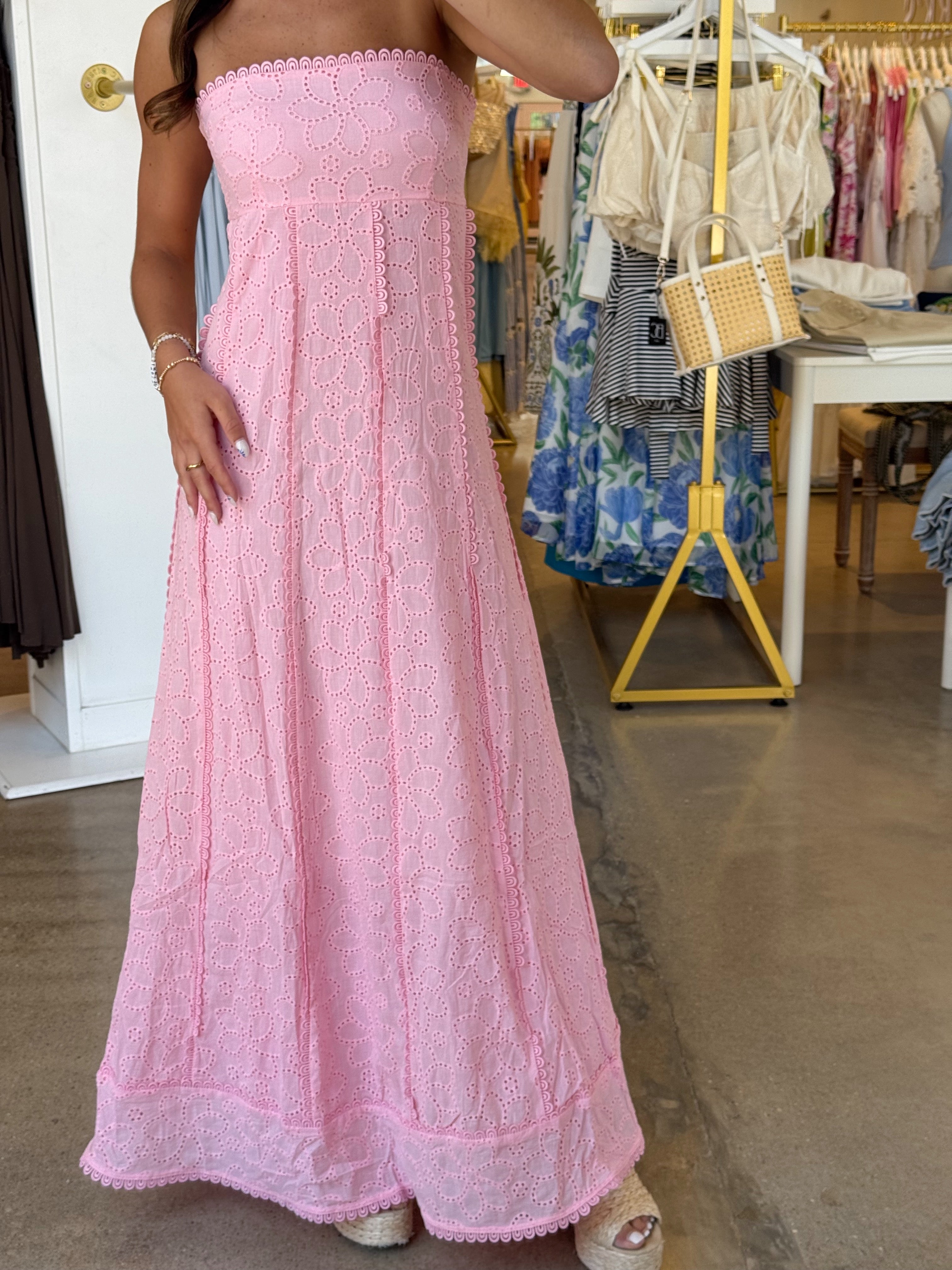 Melanie Eyelet Scalloped Trim Maxi Dress - Pink