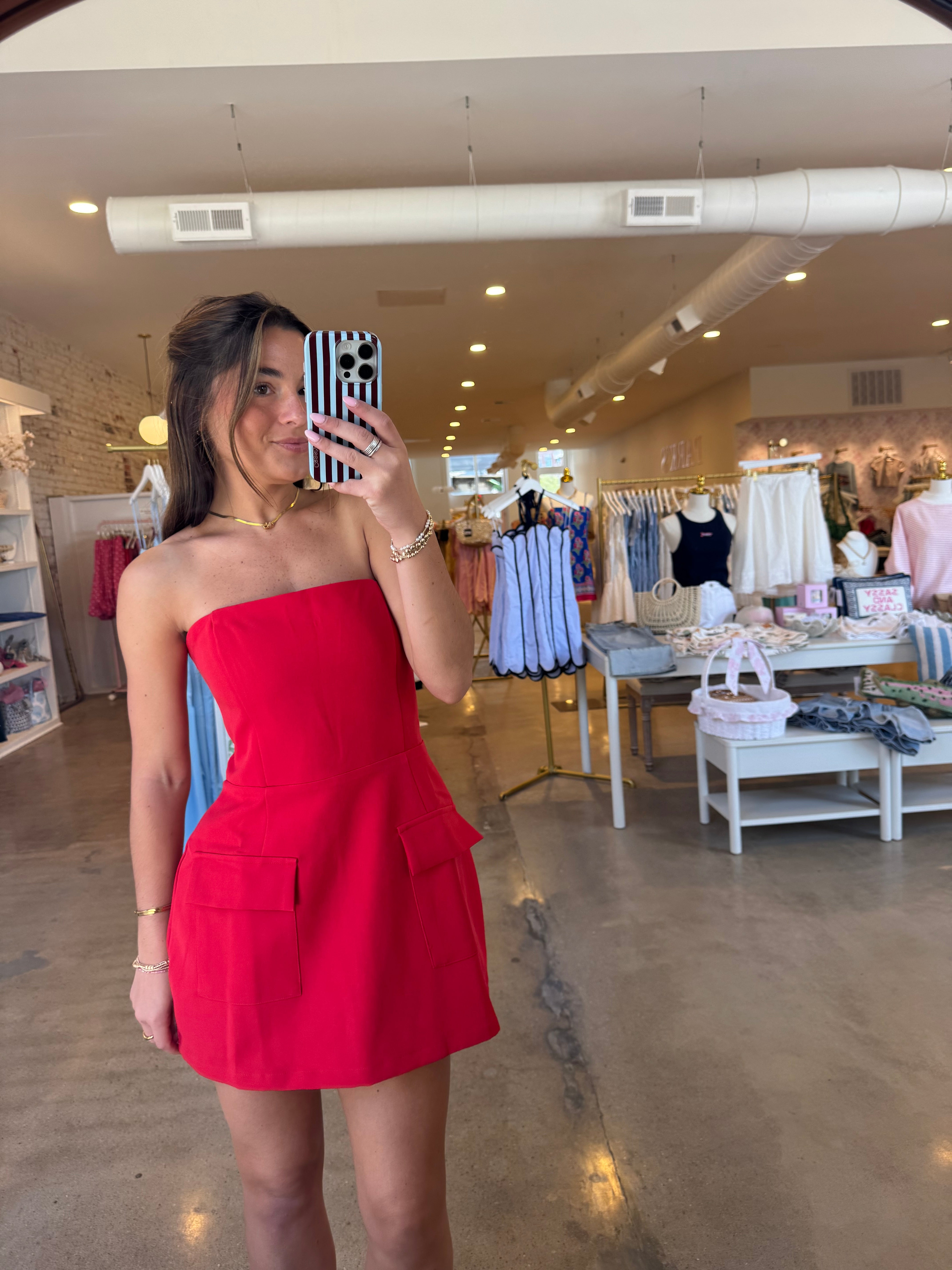 Poppy Front Pocket Mini Dress - Red