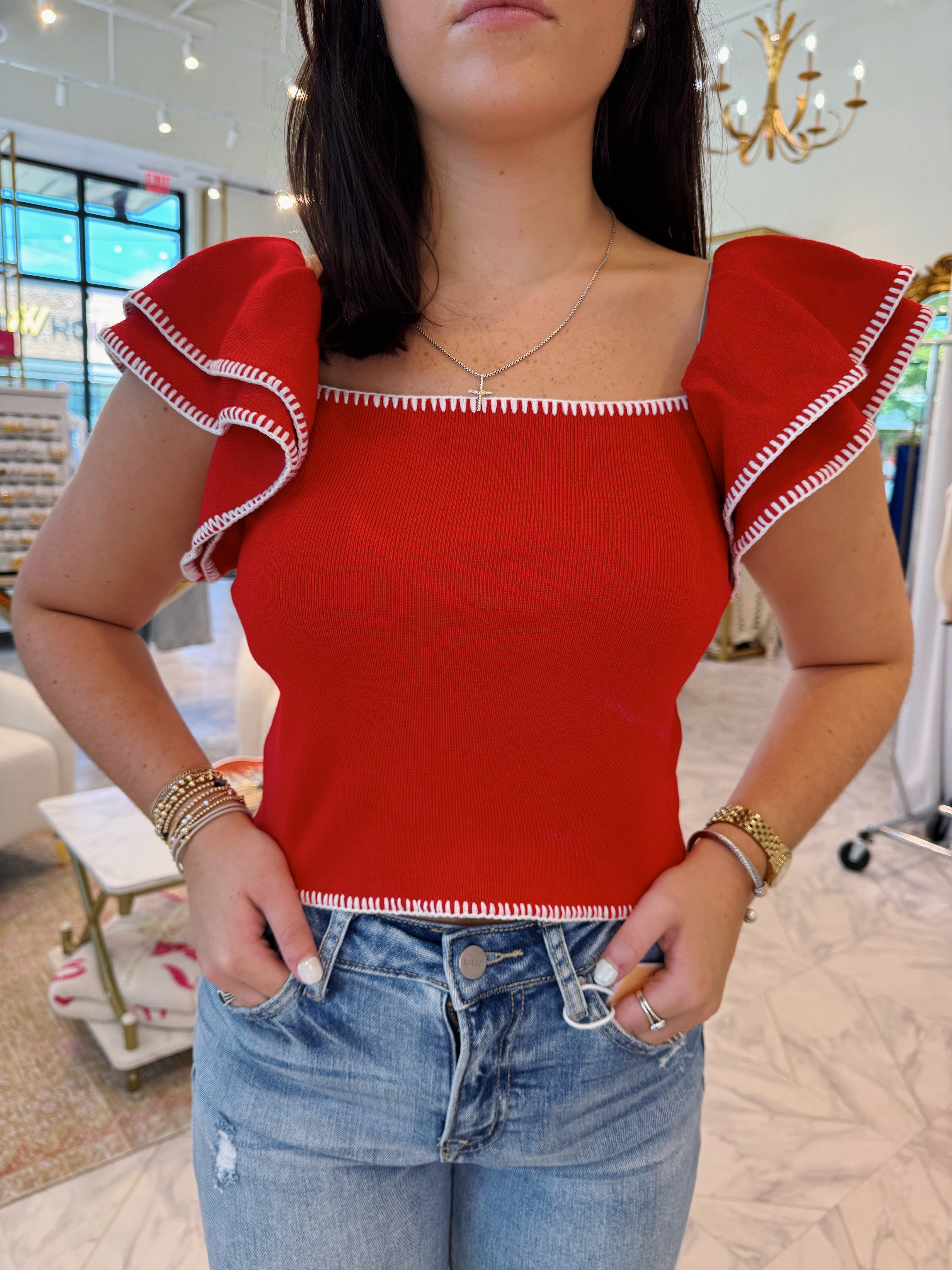 Call Me Later Ruffle Top - Red & White