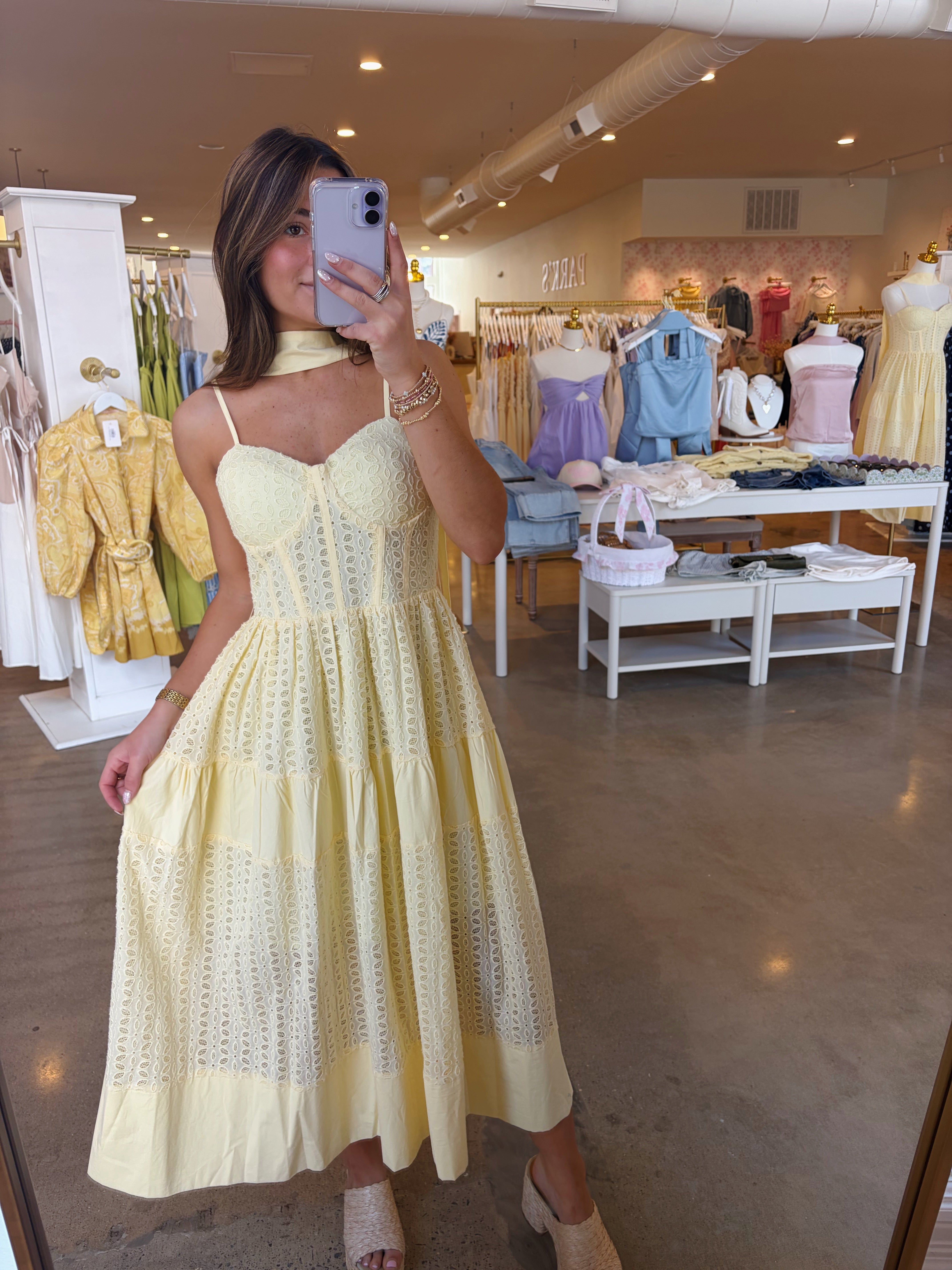 Harlow Eyelet Midi Dress - Yellow