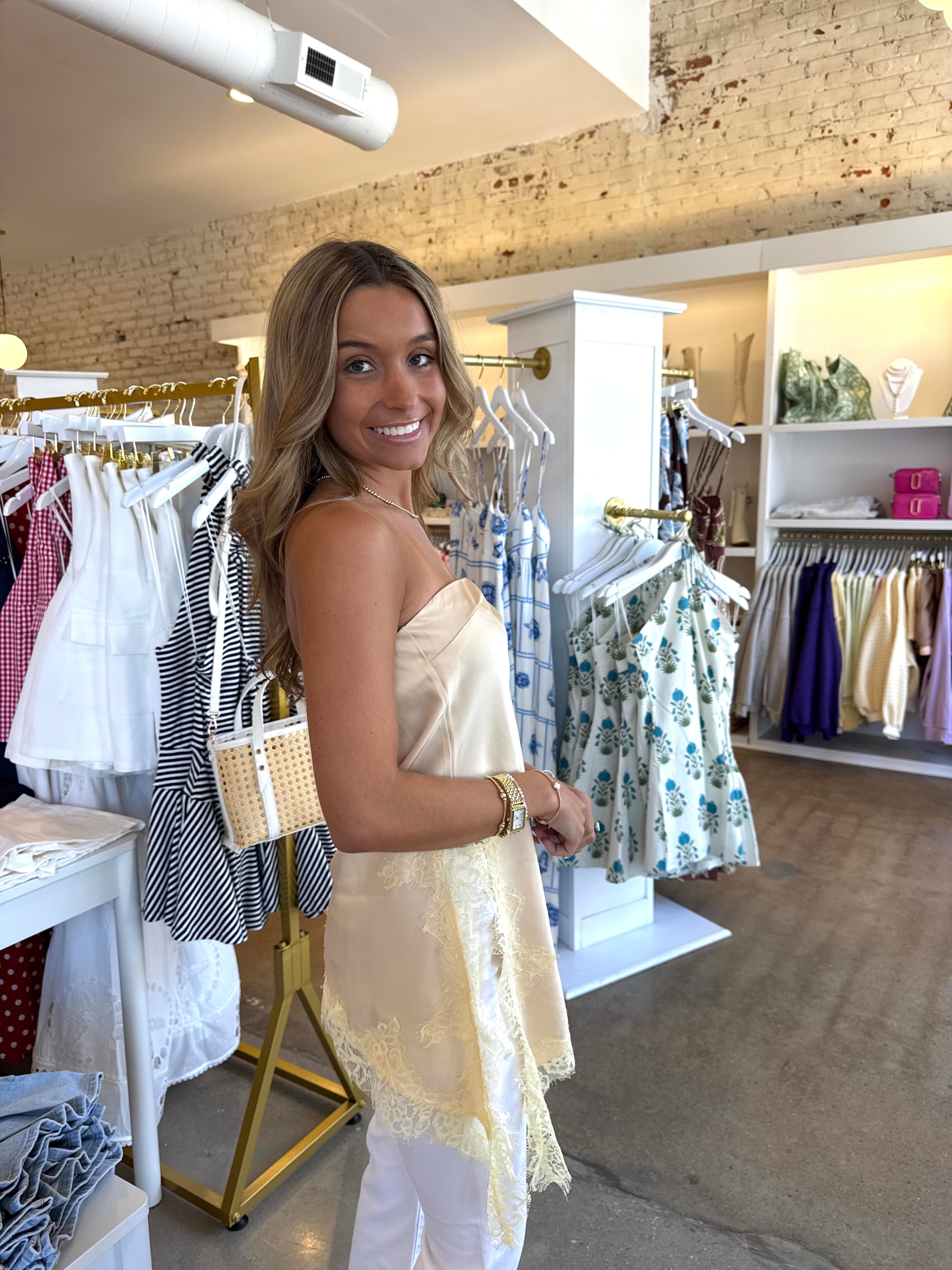 Alex Satin Lace Top - Butter Yellow