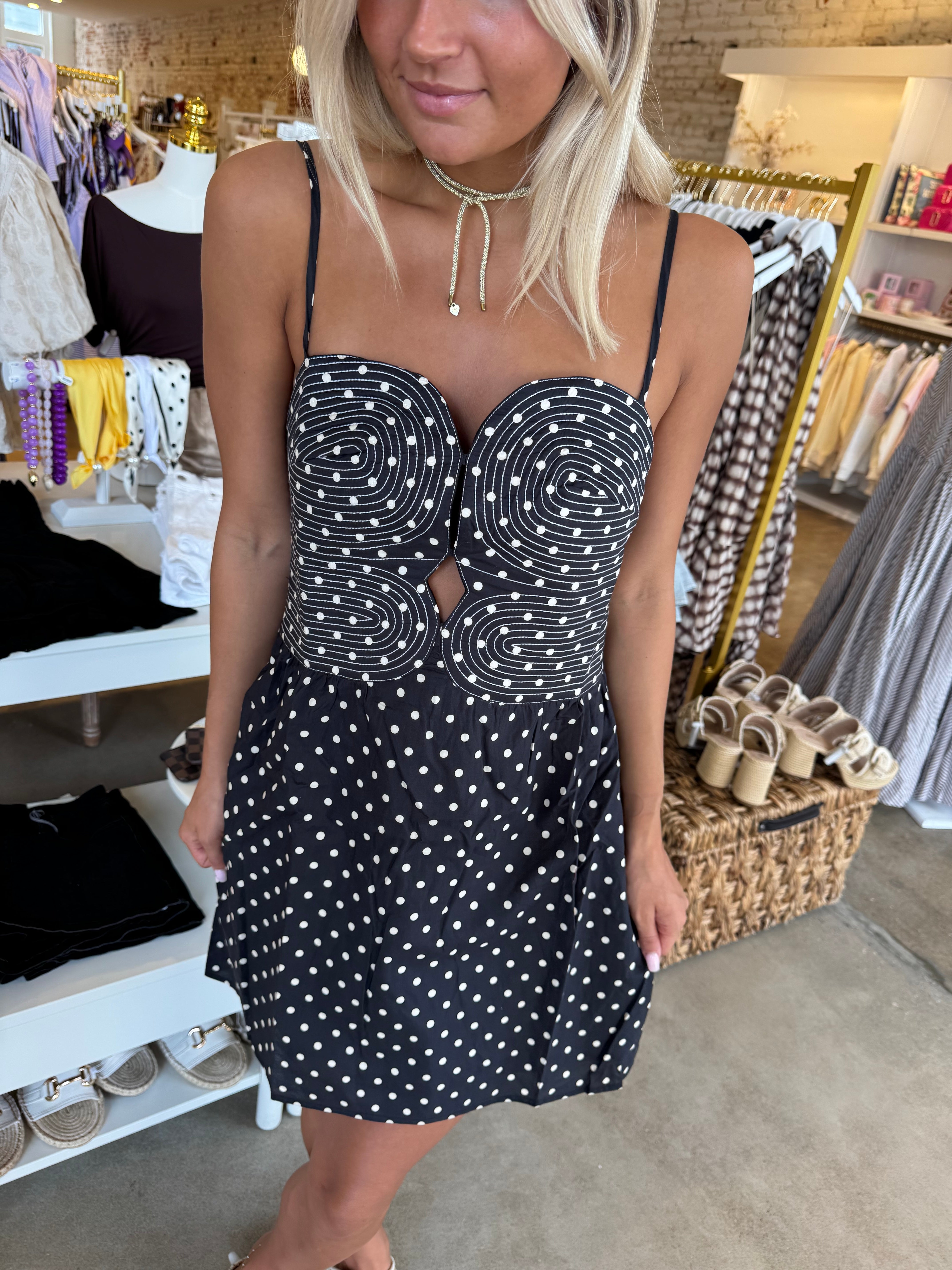 Kayda Embroidered Mini Dress - Black Polka Dot