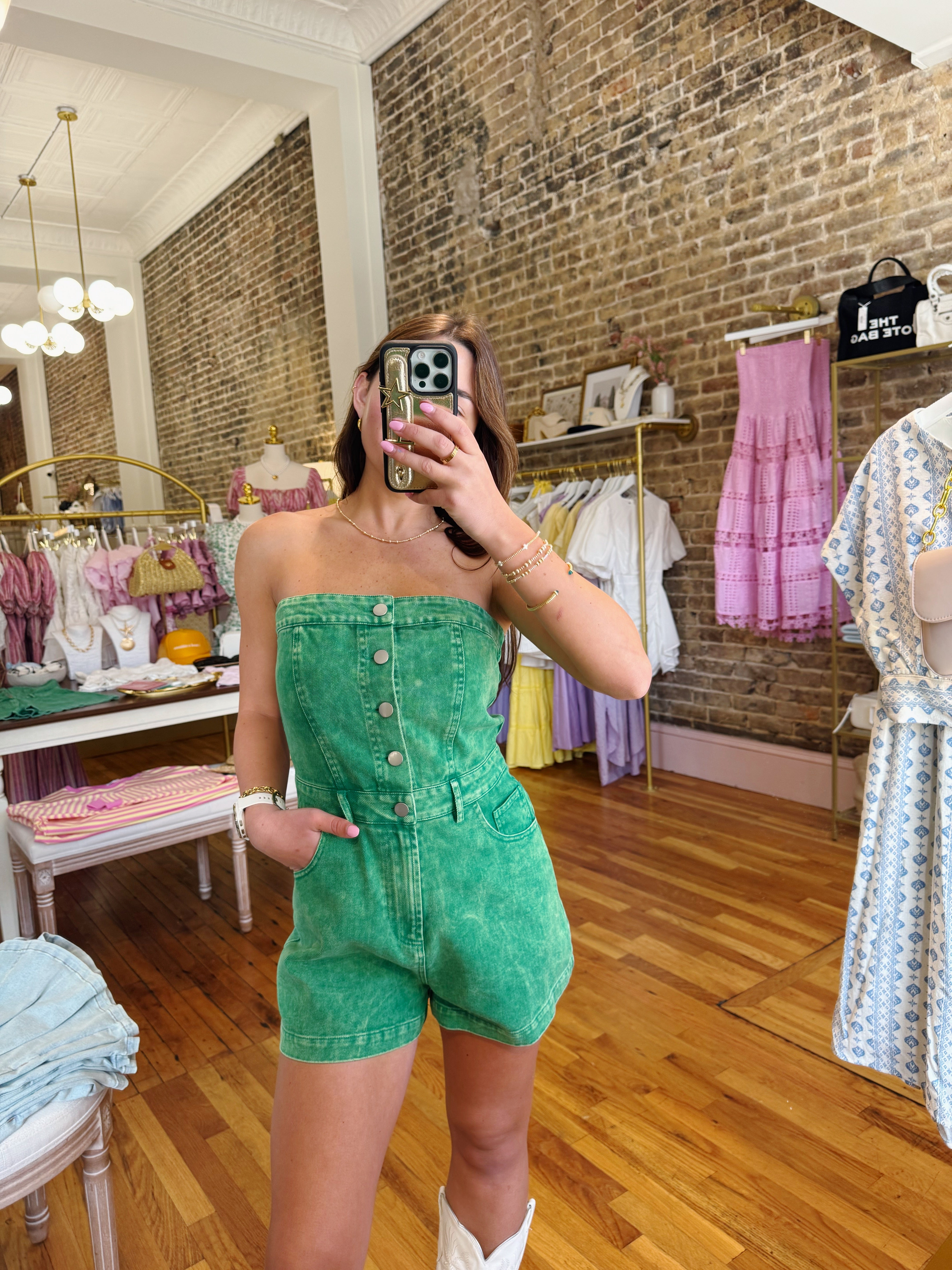 Lucky Me Denim Romper - Green