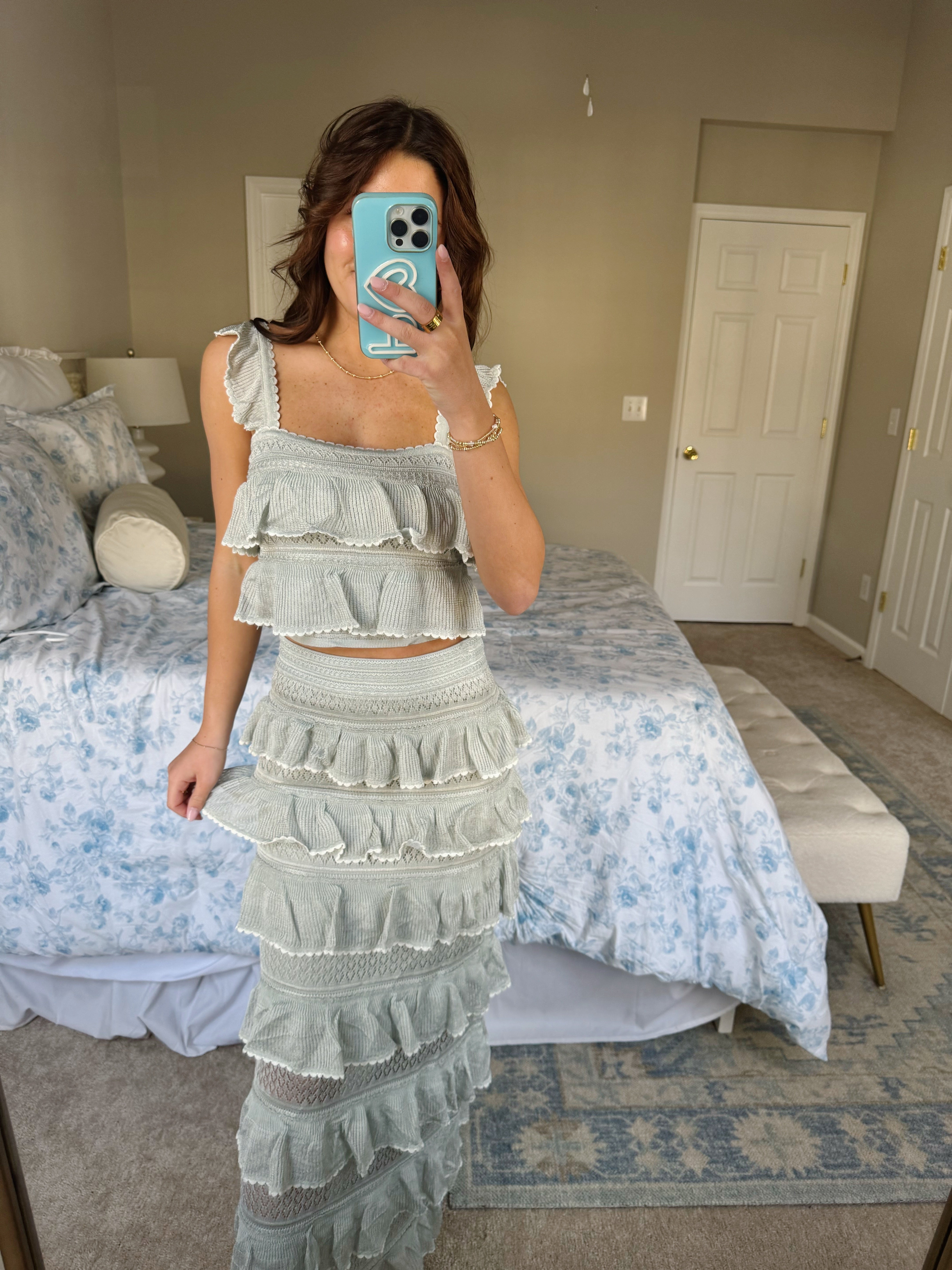 Wondering Soul Tiered Ruffle Knit Set - Dusty Mint