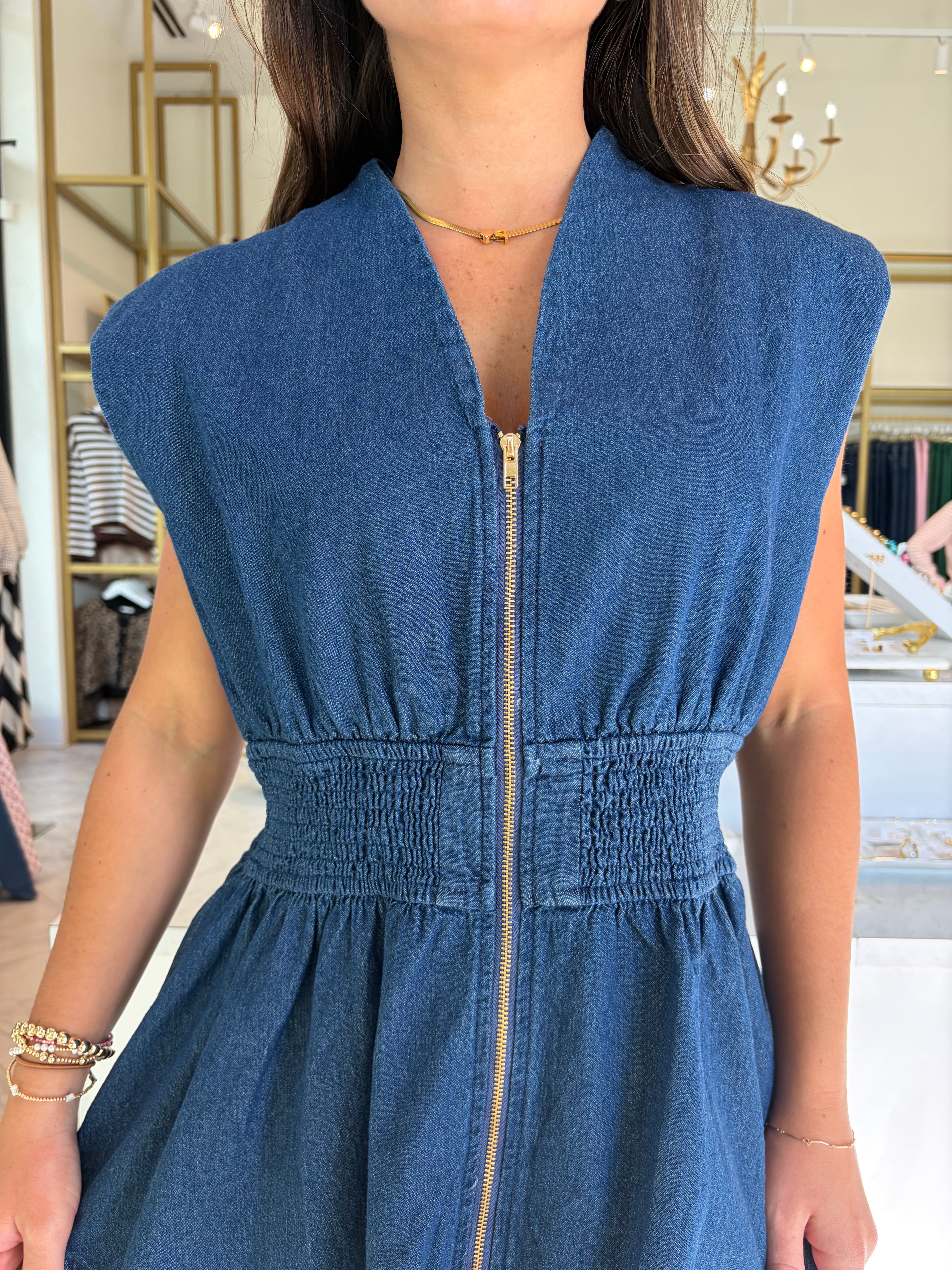 Maddison Zip Up Denim Top - Dark Wash