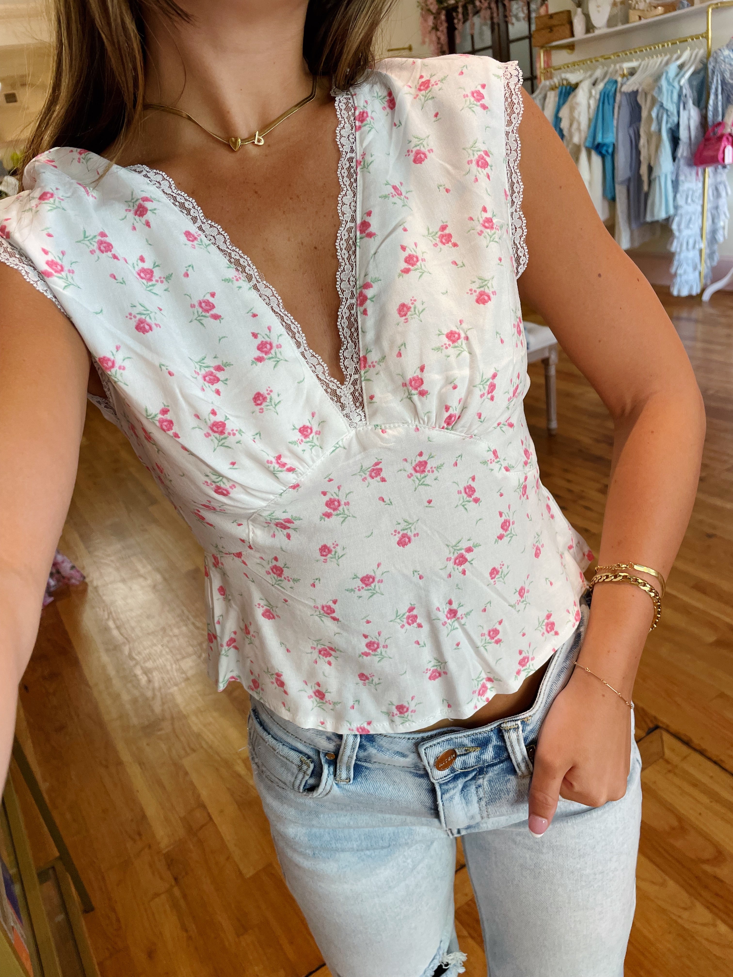 Back In Austin Lace Trim Top - Pink Floral