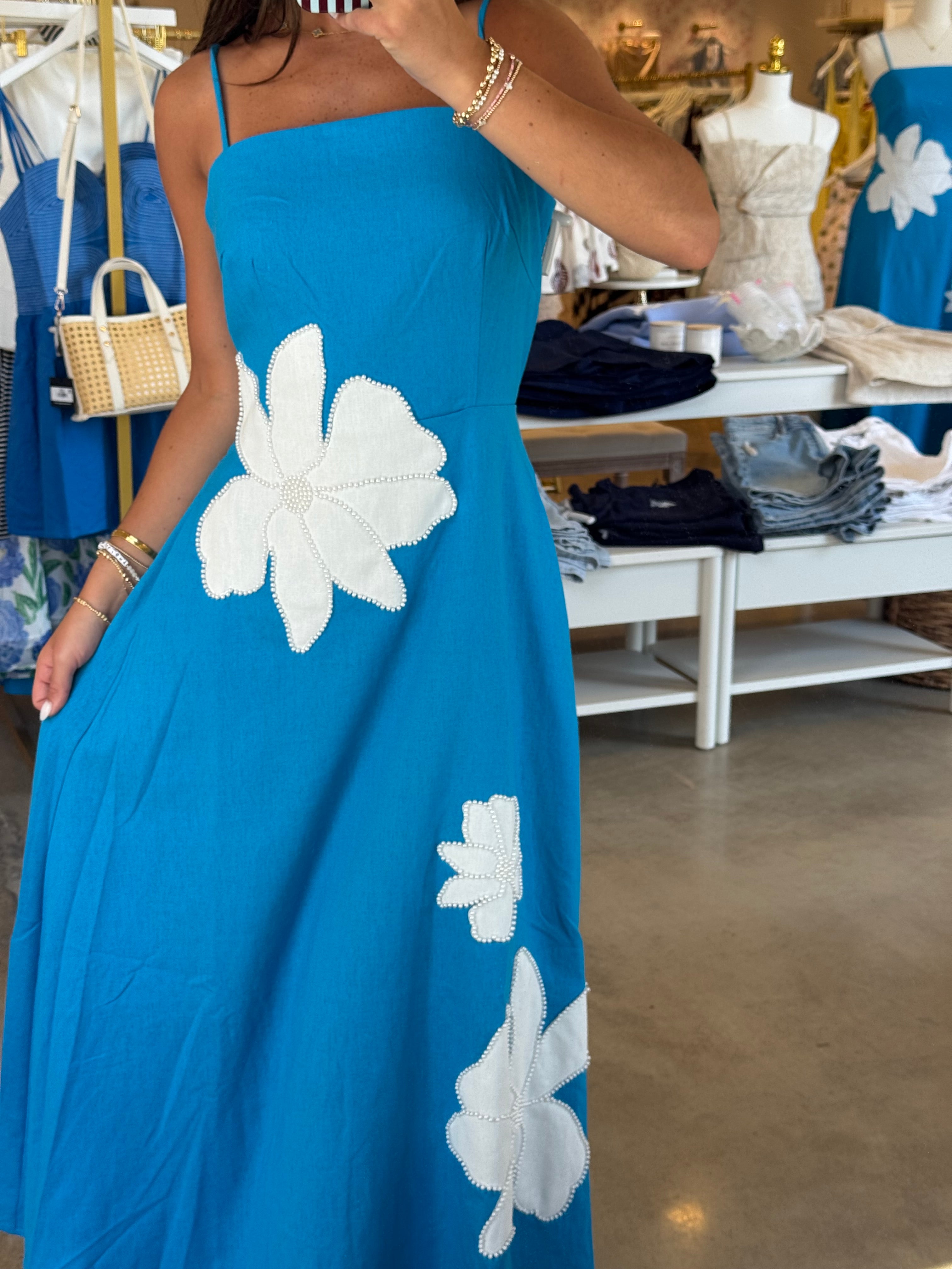 Mazy Pearl Studded Midi Dress - Blue Flower
