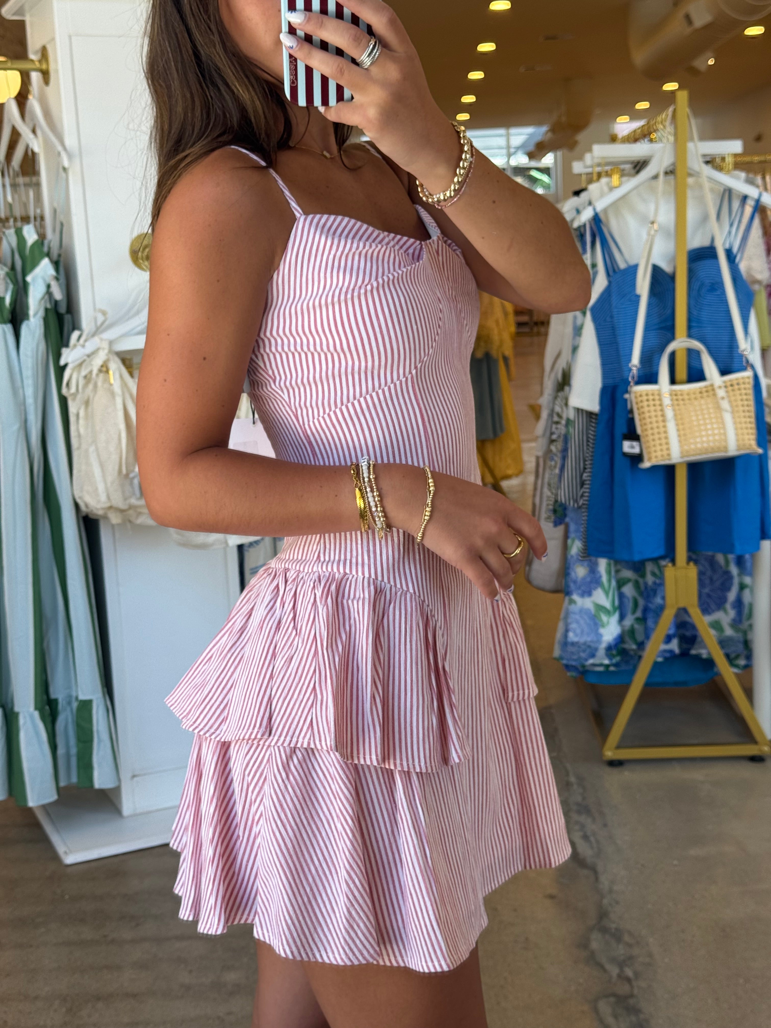 Long Weekend Ruffle Mini Dress - Red Stripe