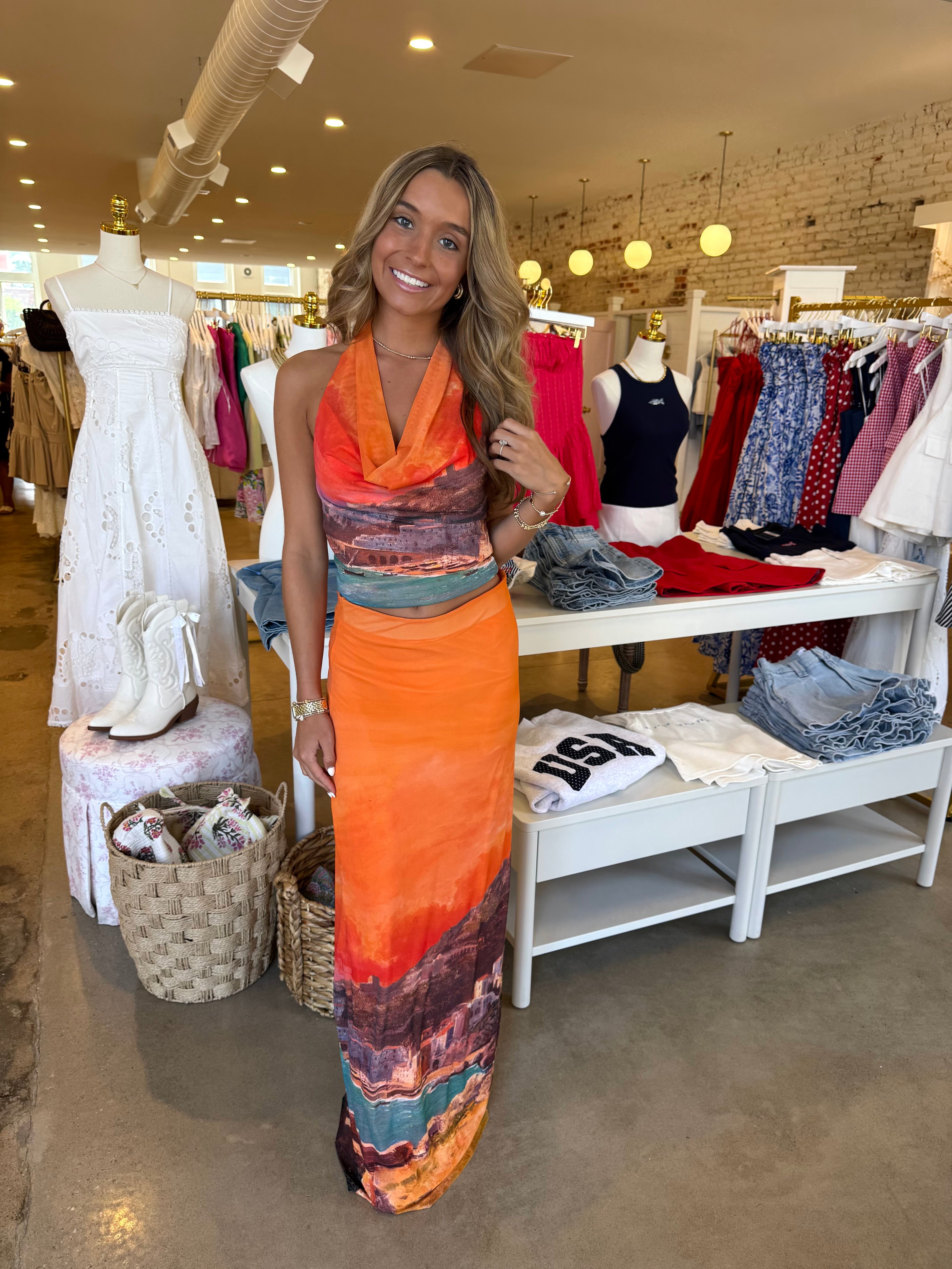 Soren Halter Top & Maxi Skirt Set - Orange Multi