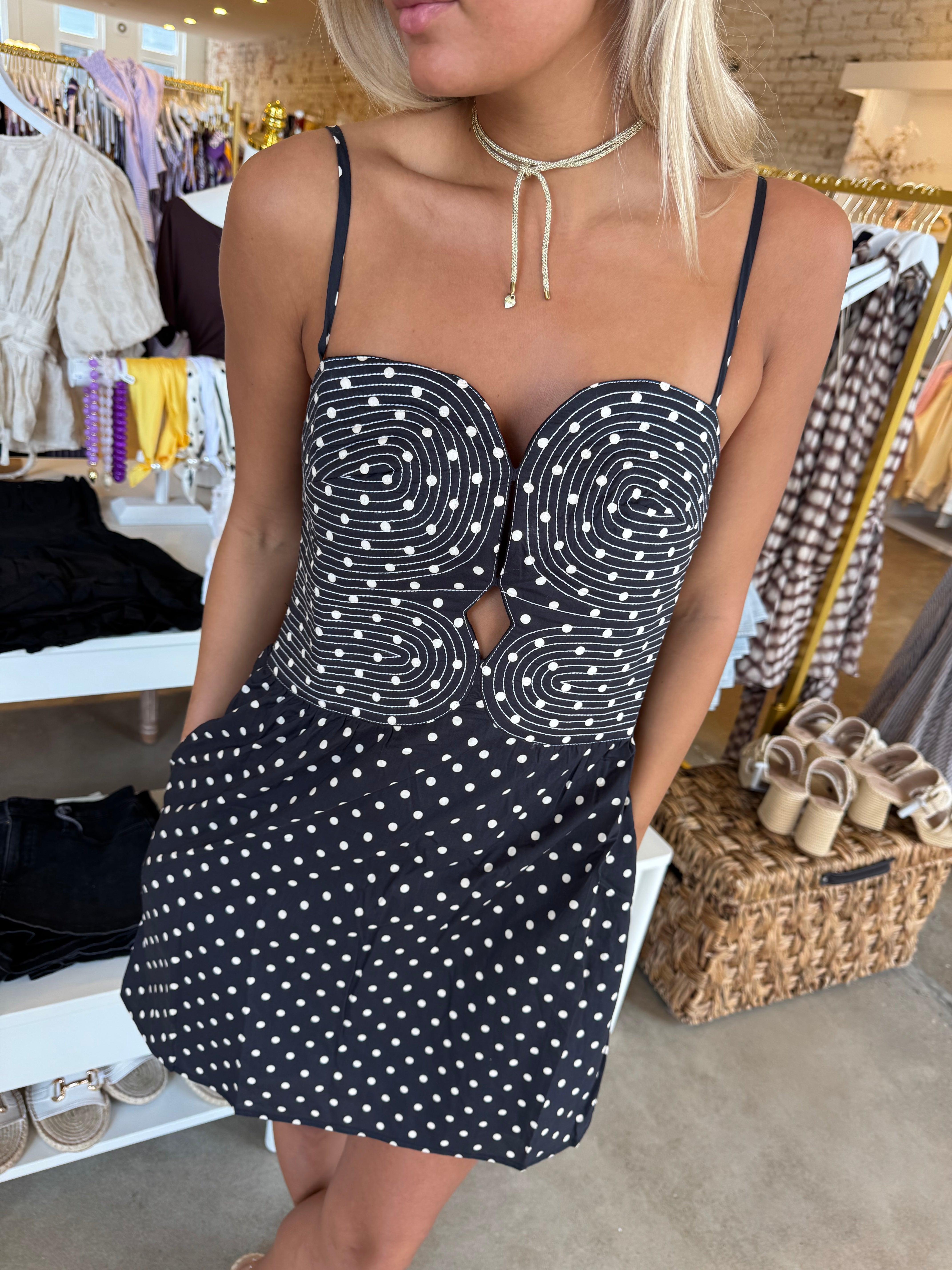 Kayda Embroidered Mini Dress - Black Polka Dot