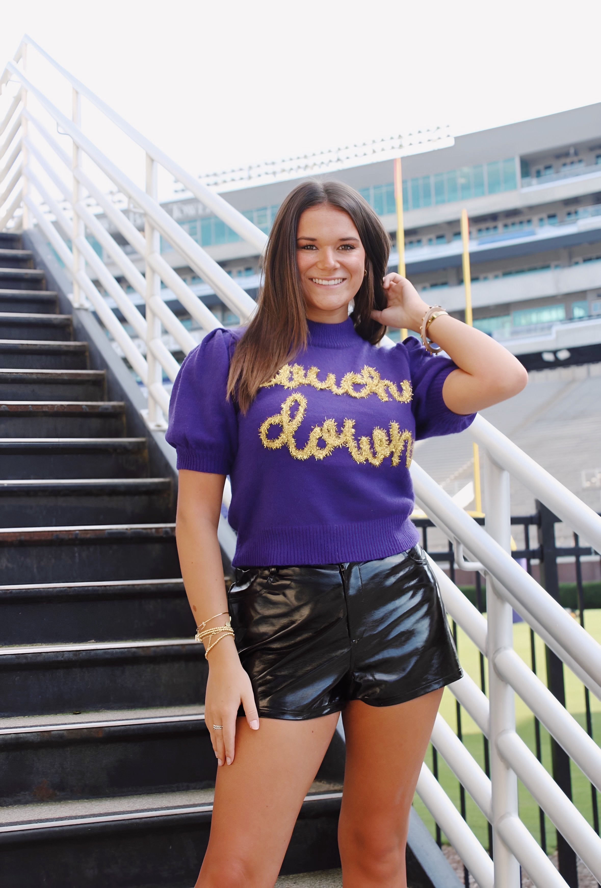 Touch Down Short Sleeve Sweater - Purple & Gold