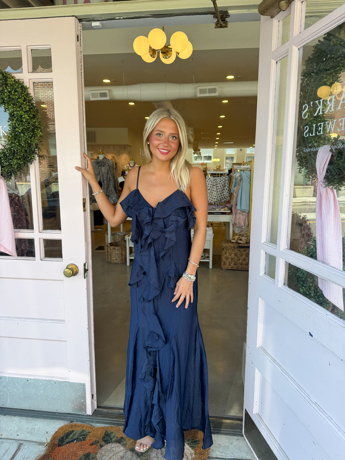Soul Seeker Ruffle Maxi Dress - Navy Shimmer