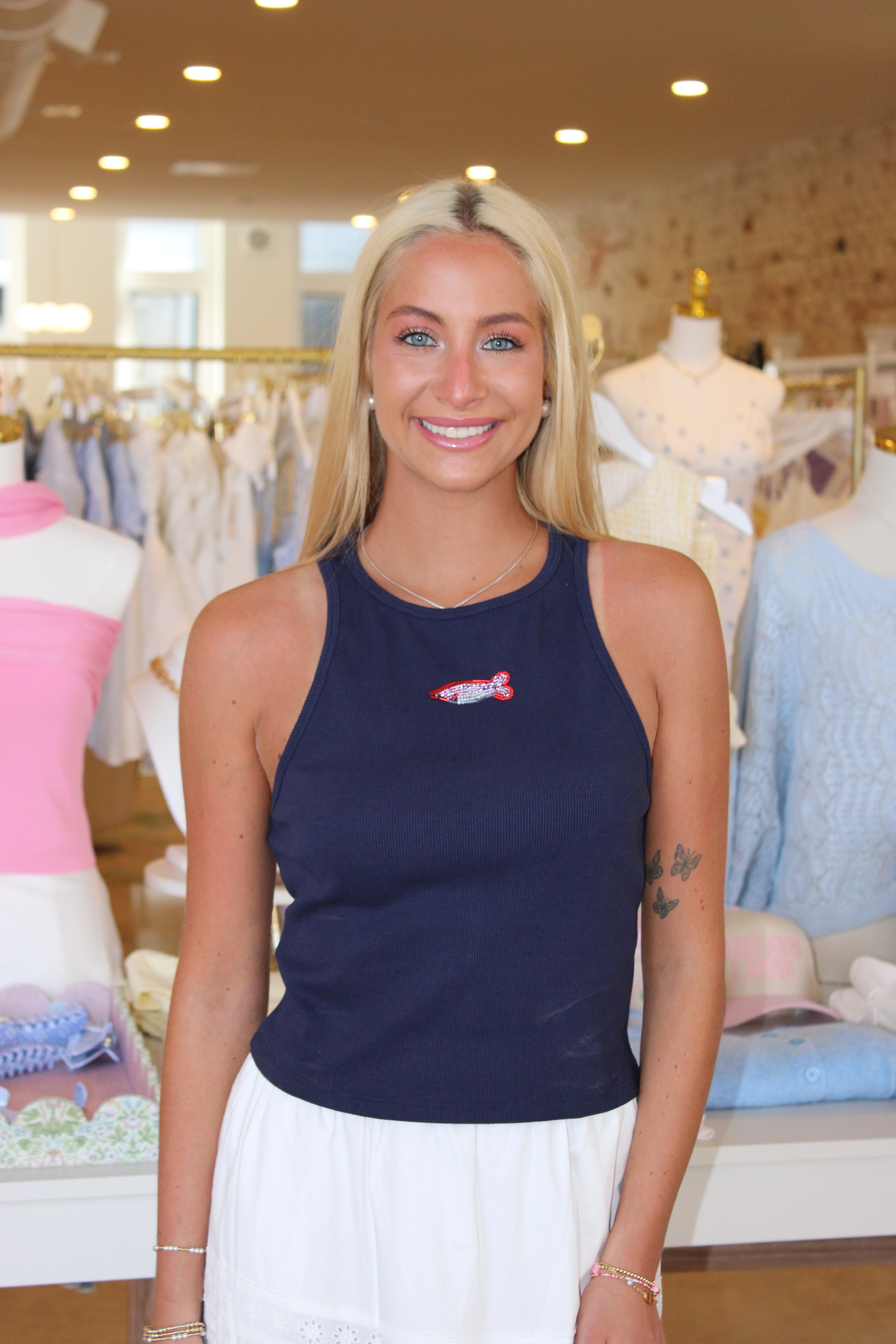 Beaded Fish Ribbed Tank - Navy