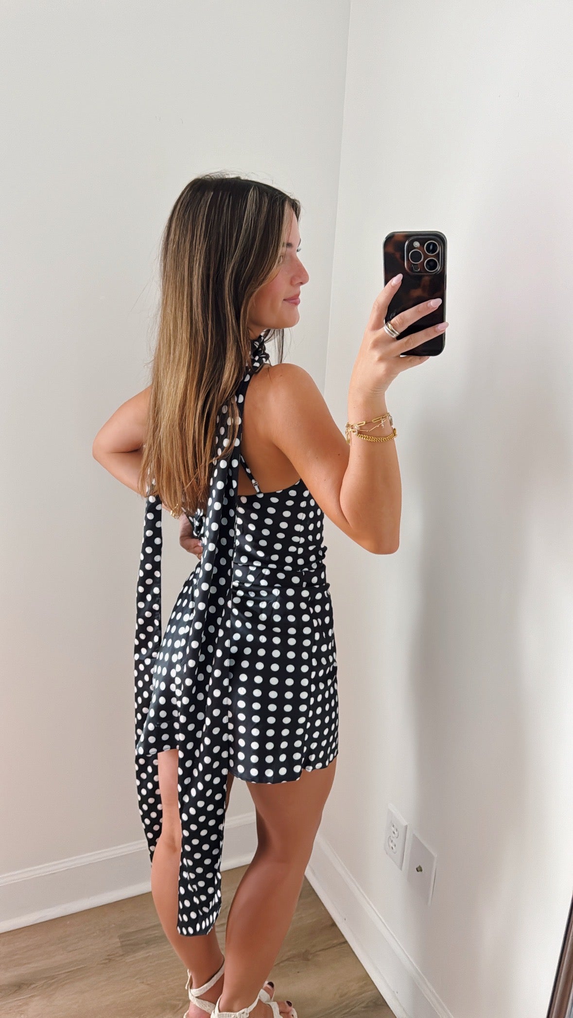 Crush Hour Satin Mini Dress with Scarf - Black Polka Dot