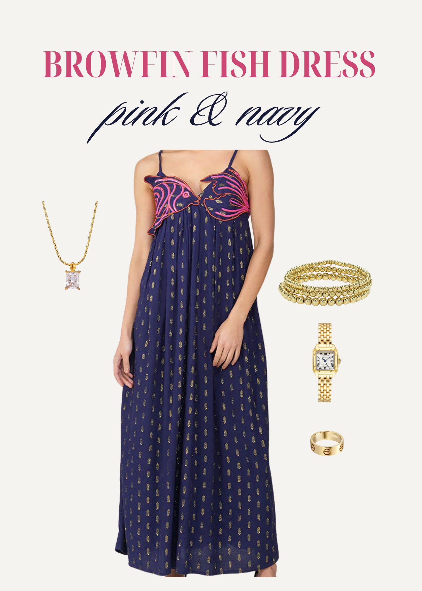 Browfin Fish Embellished Lurex Dress - Navy & Pink