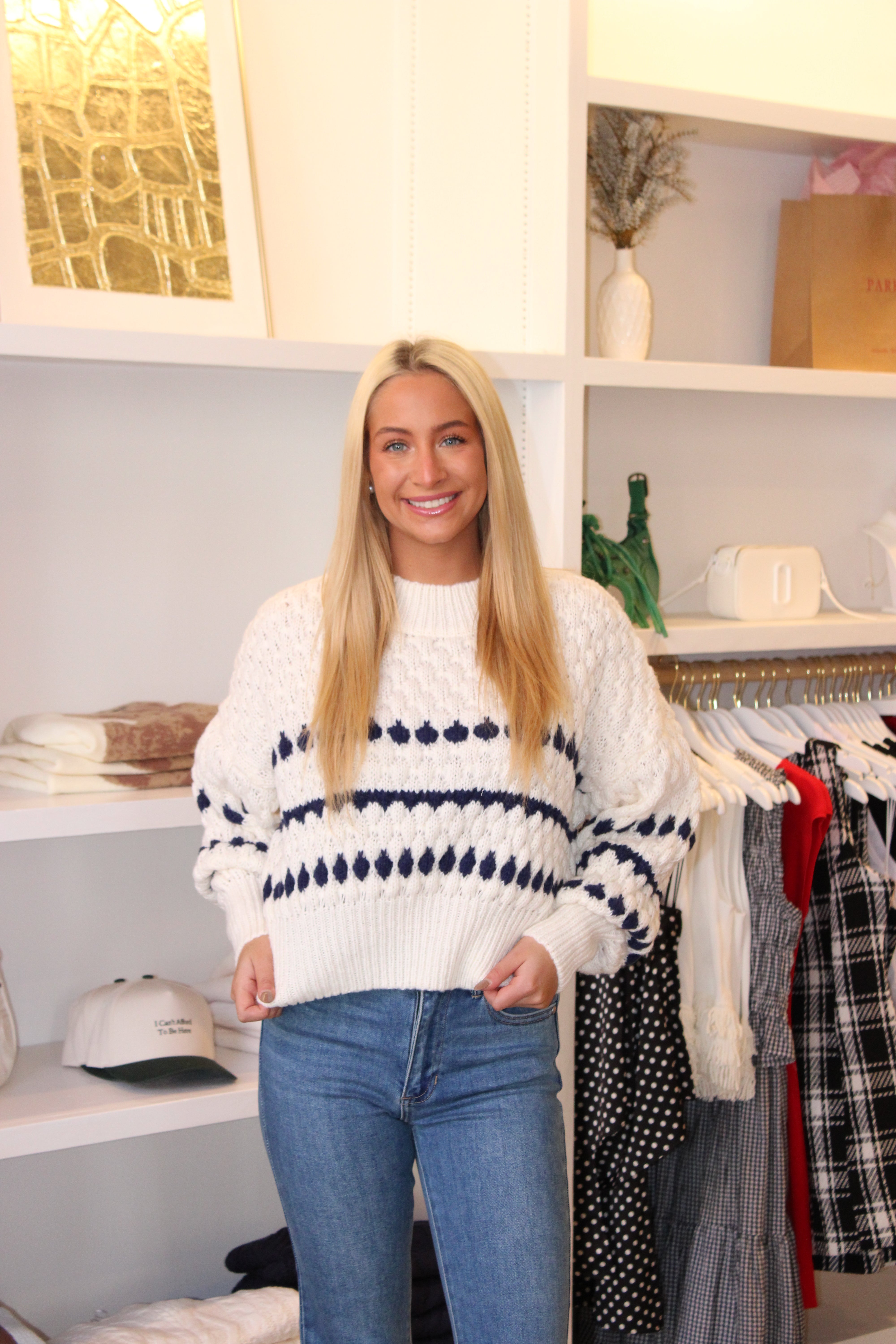 Kathleen Sweater - Ivory/ Navy Details