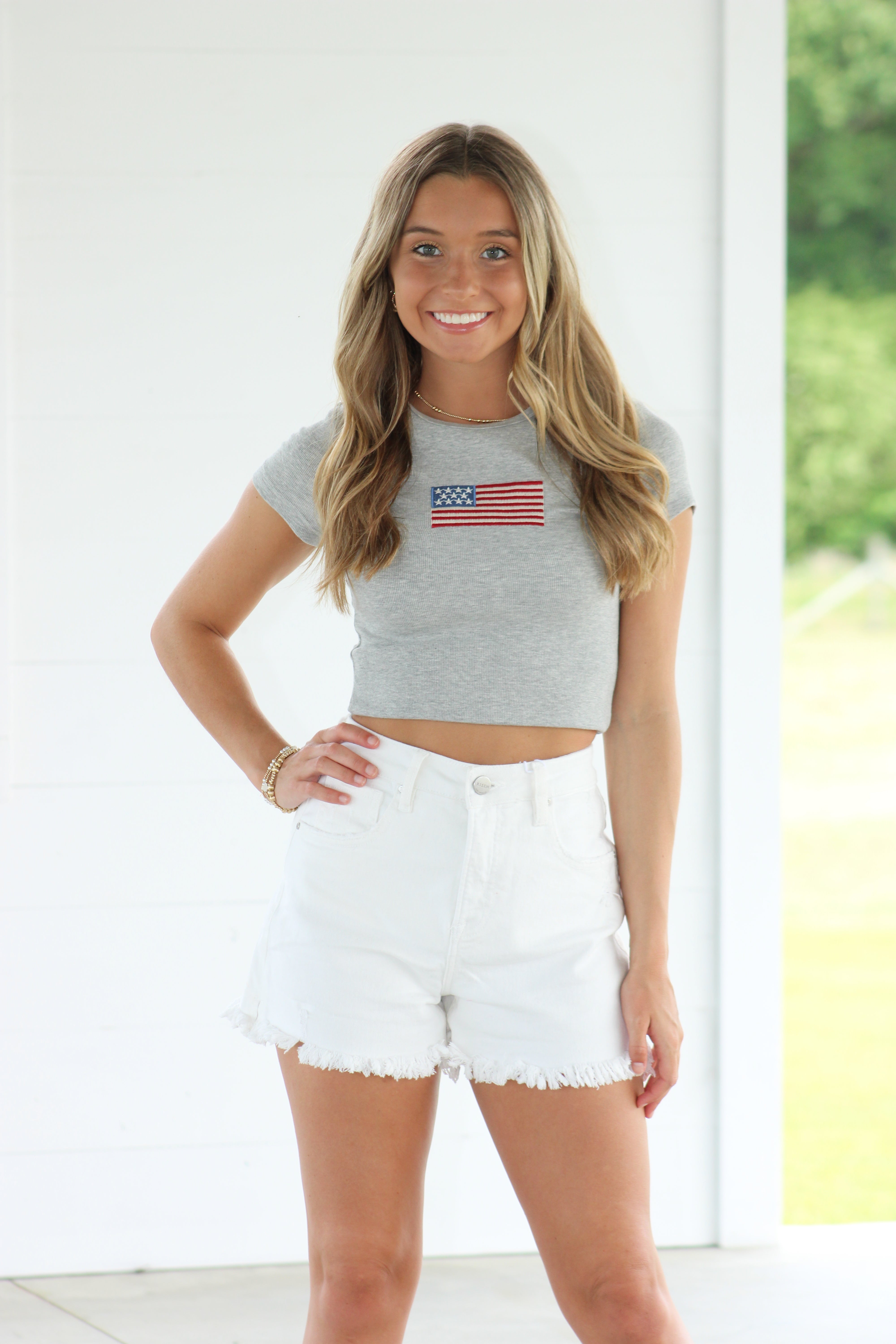 American Flag Baby Tee - Grey