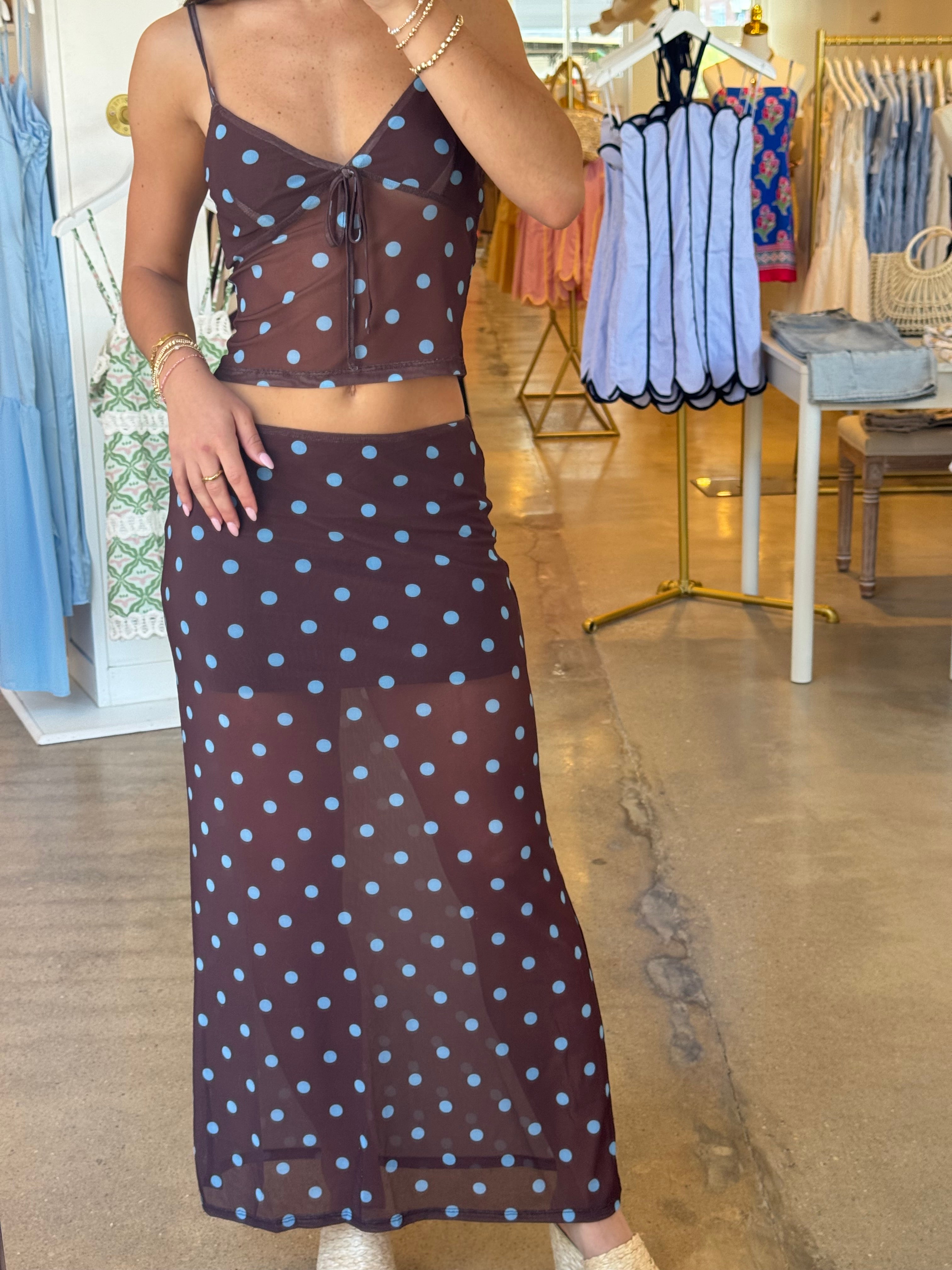 About Last Night Top & Midi Skirt Set - Brown & Blue Polka Dot