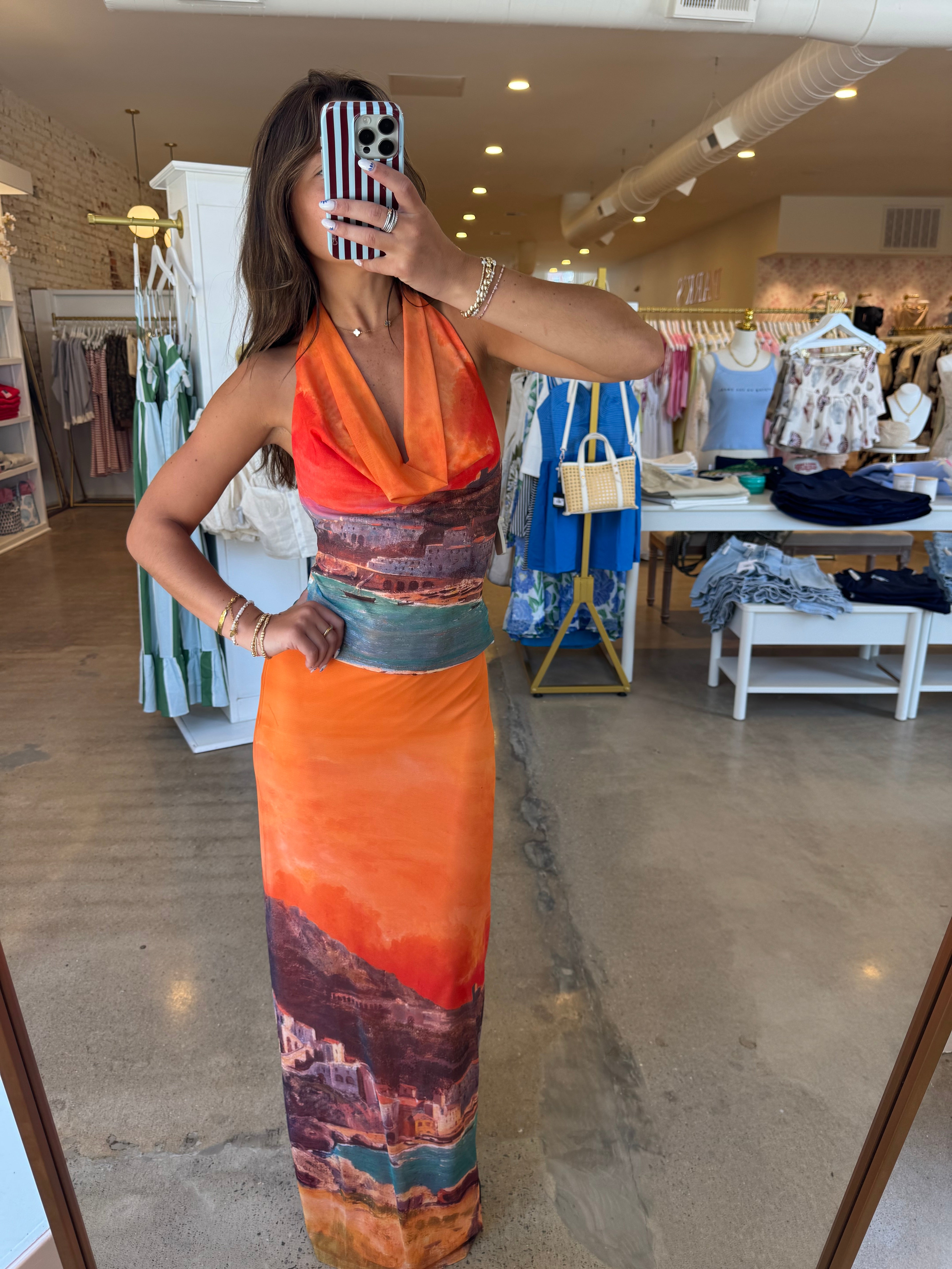 Soren Halter Top & Maxi Skirt Set - Orange Multi