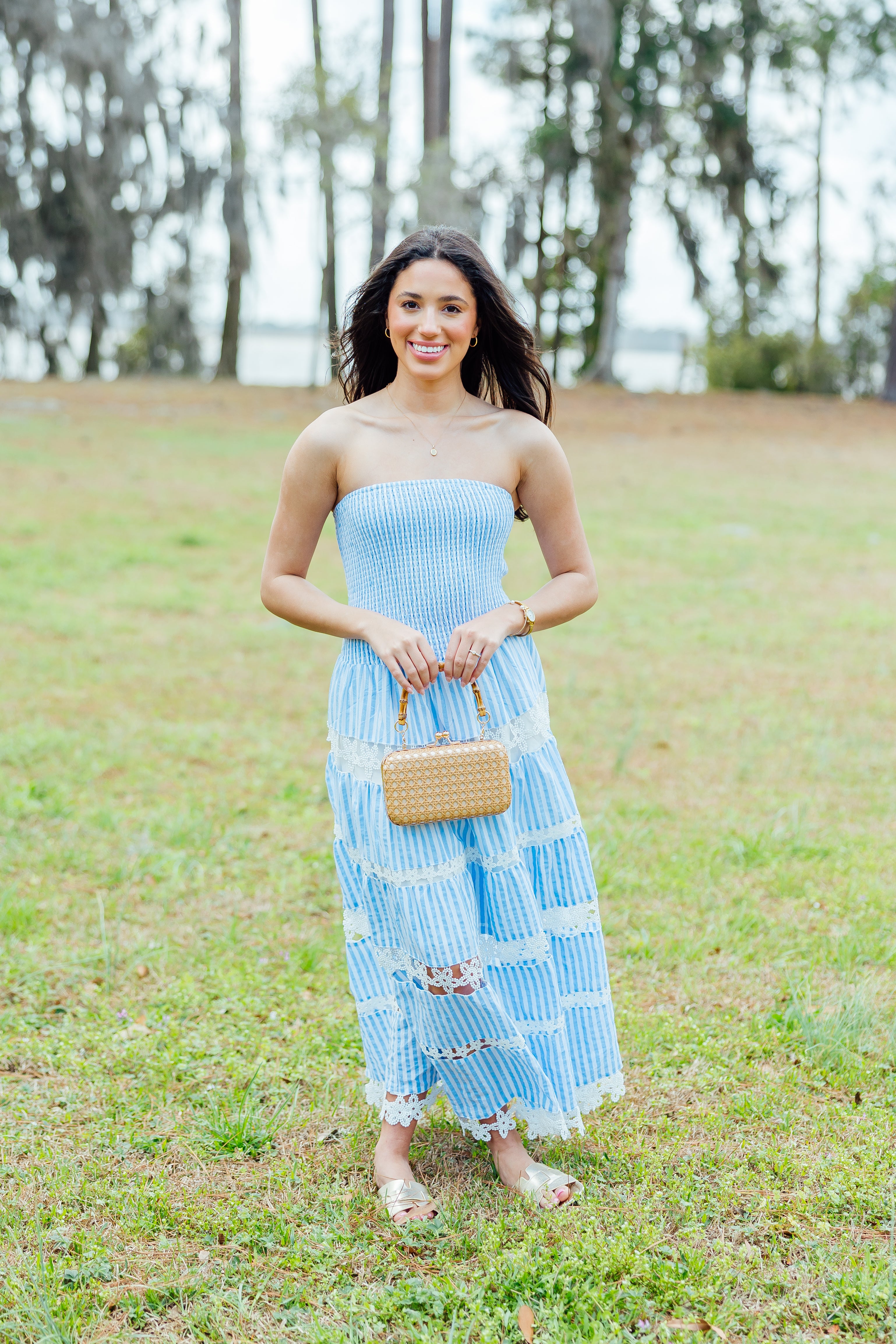 Amy Eyelet Midi Dress - Blue Stripe