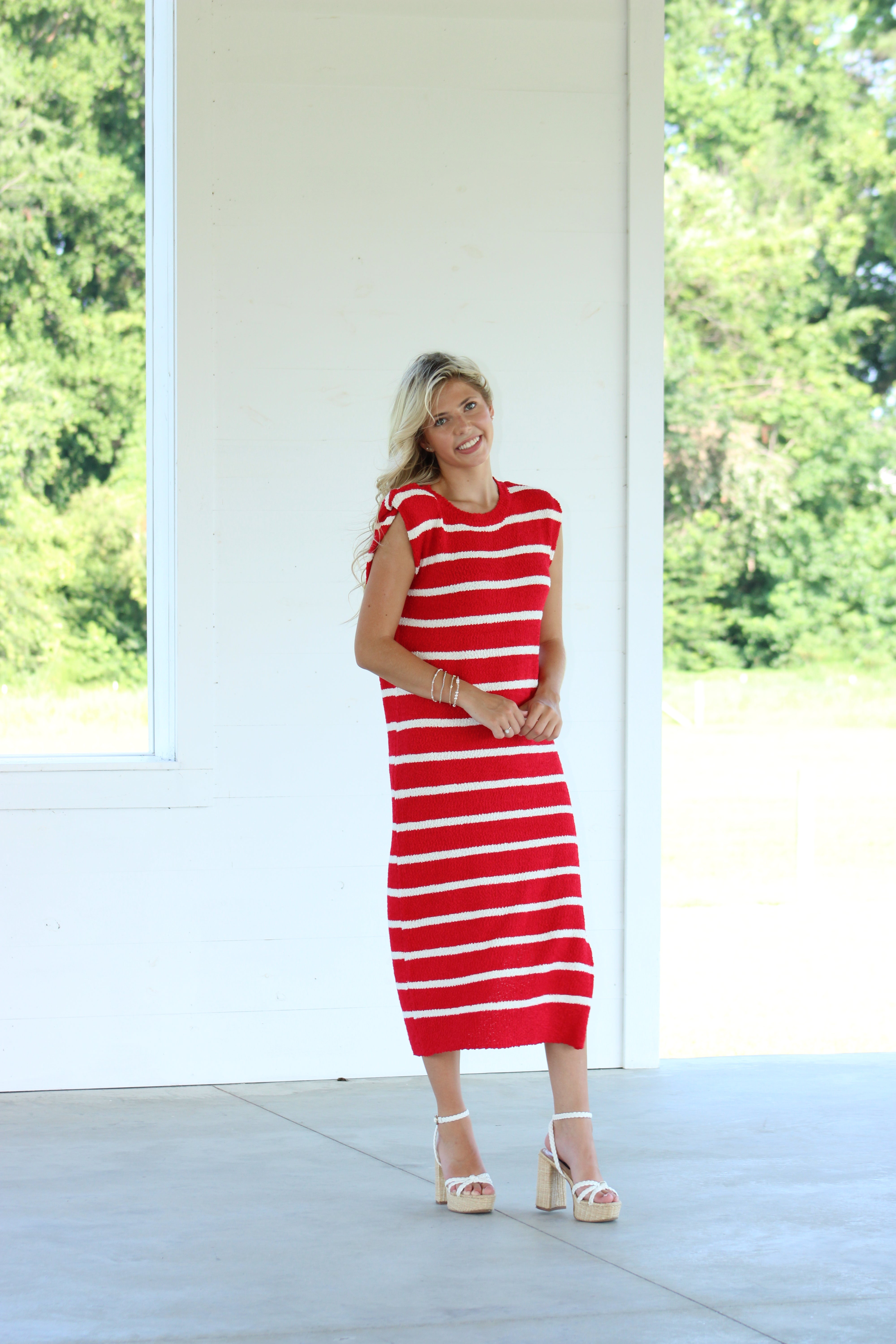 Deep End Midi Dress - Red & White