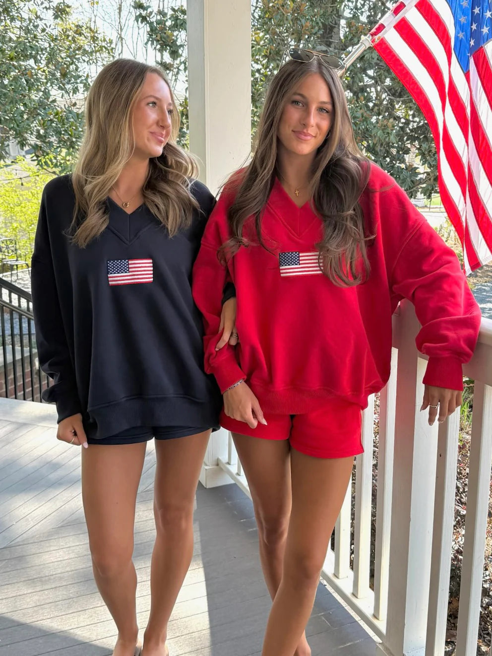 American Flag Embroidered V-Neck Sweatshirt - Navy Blue