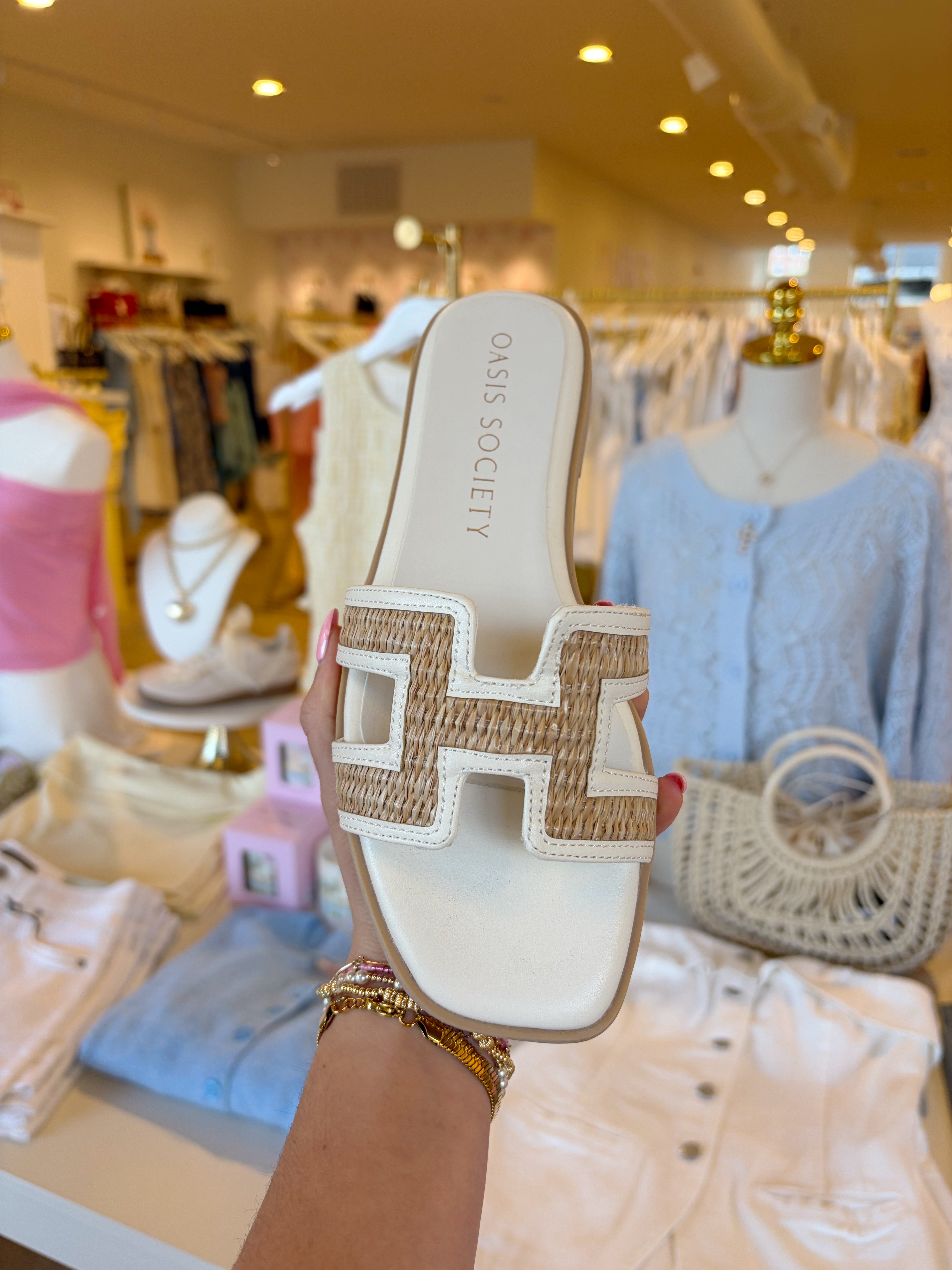 Ena H Cutout Raffia Slide - White