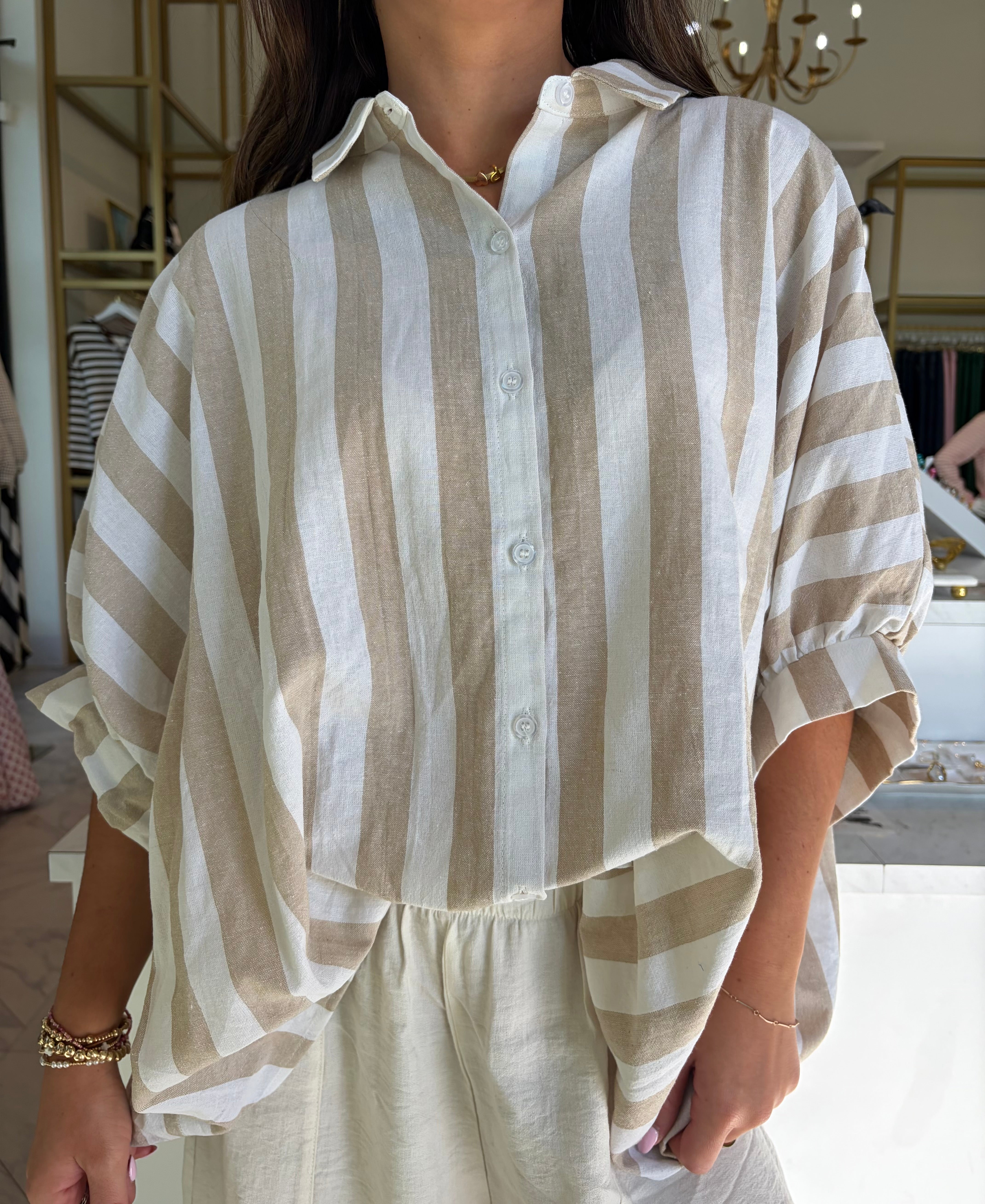 Maya Oversized Button Down Top - Tan & White