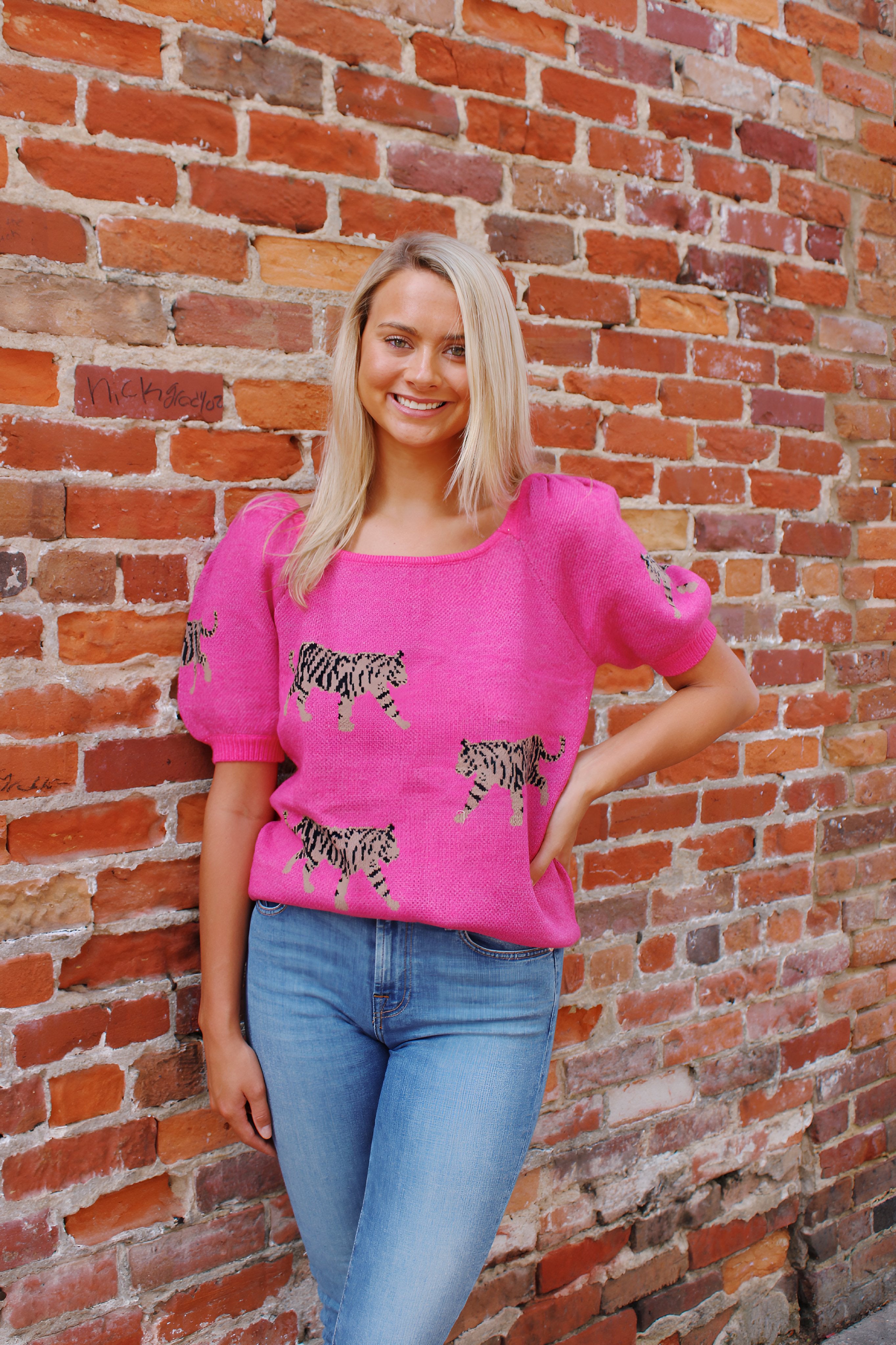 Tiger Square Neck Lightweight Sweater - Pink