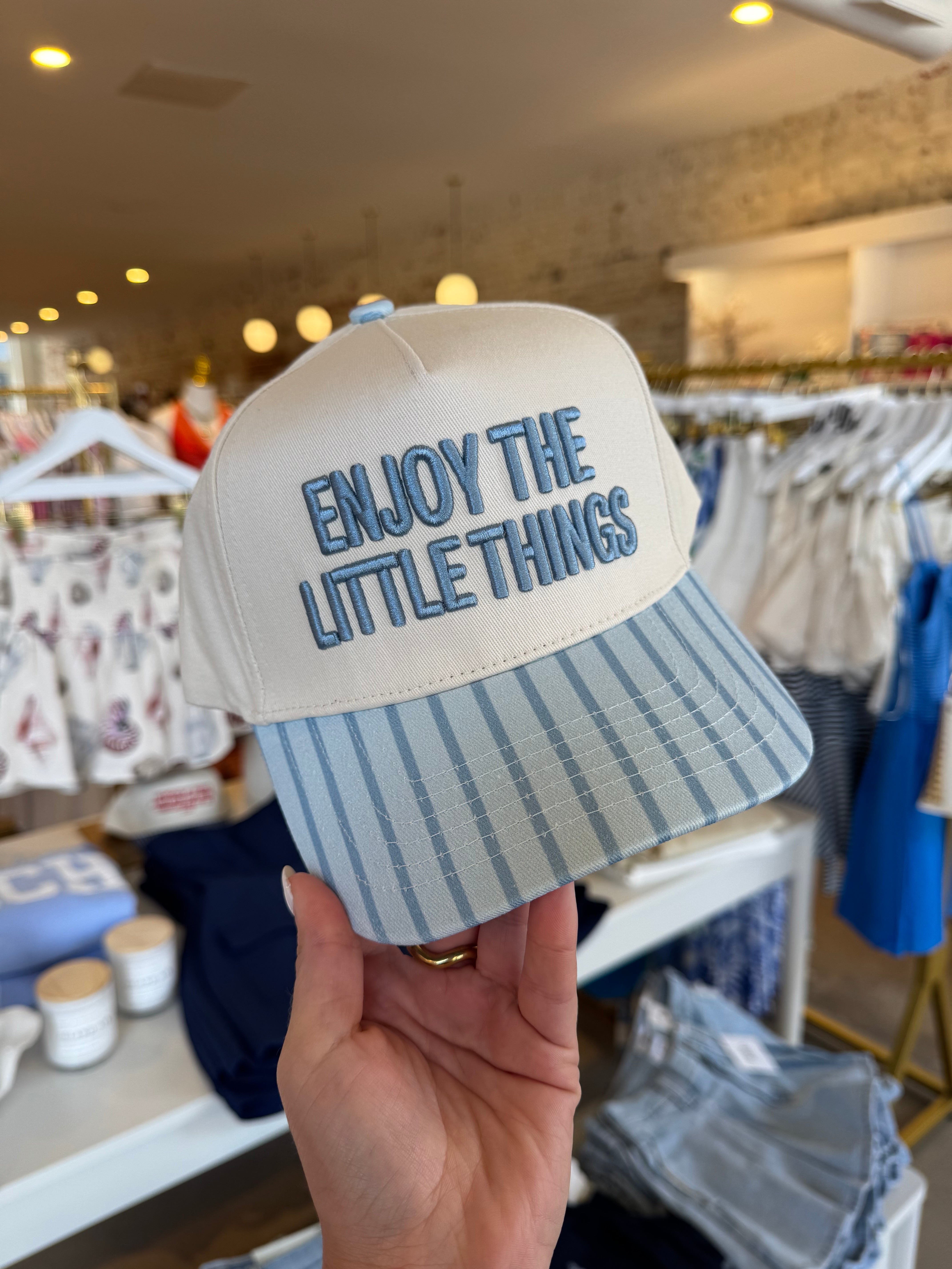 Enjoy The Little Things Embroidered Trucker Hat - Blue Stripe
