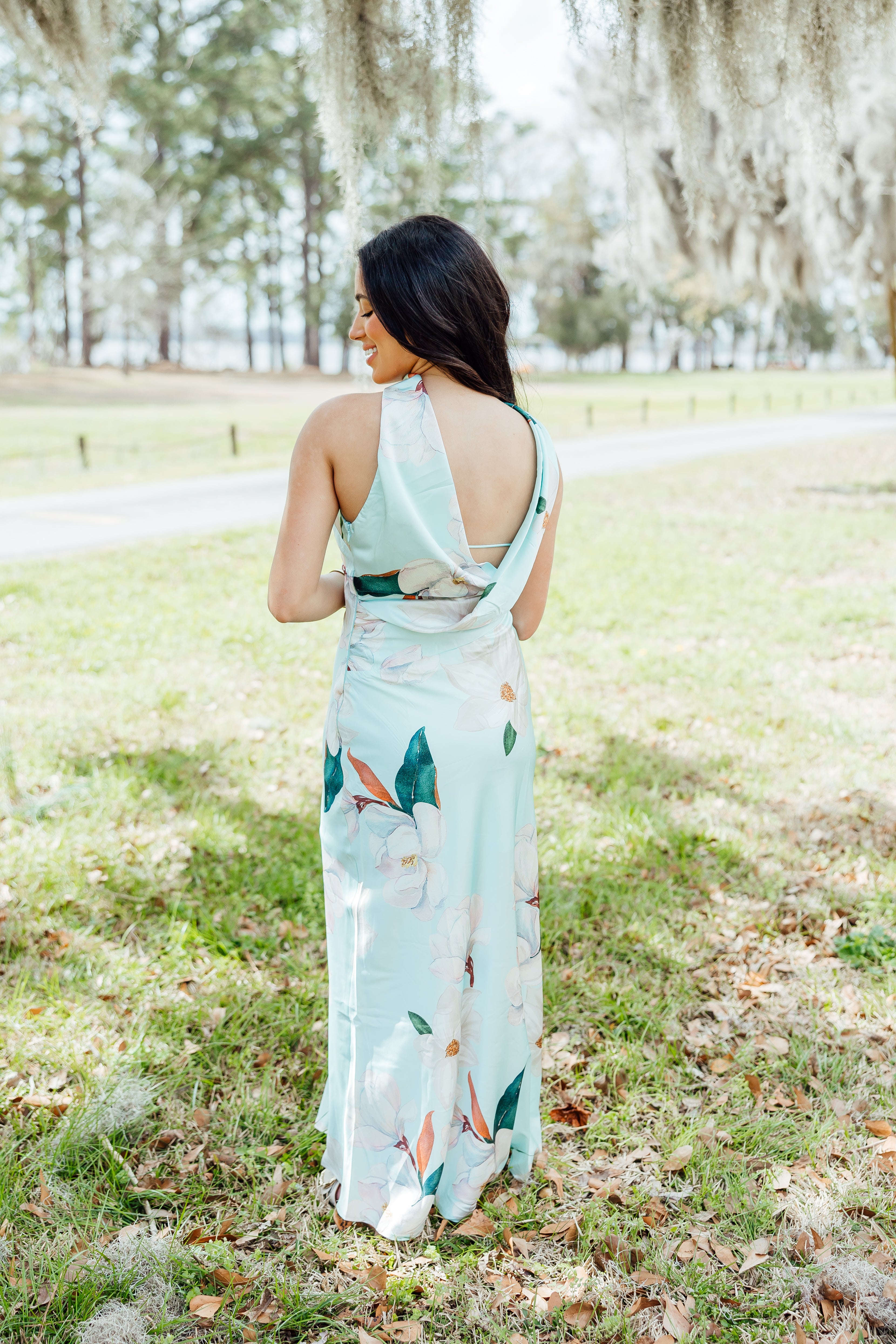 Garden Of Eden Satin Long Dress - Blue Floral