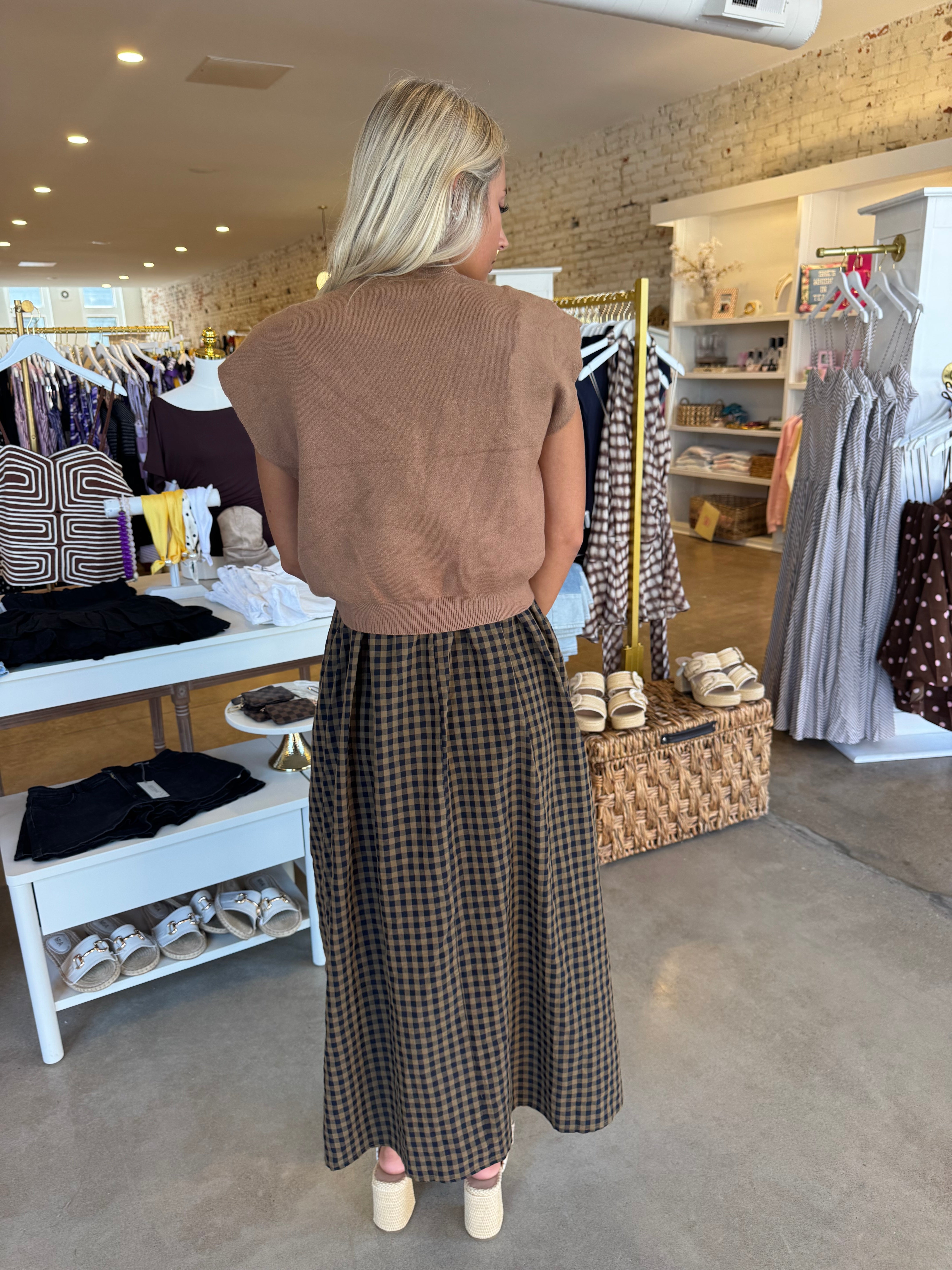 Leaves Are Turning Midi Dress - Tan Gingham