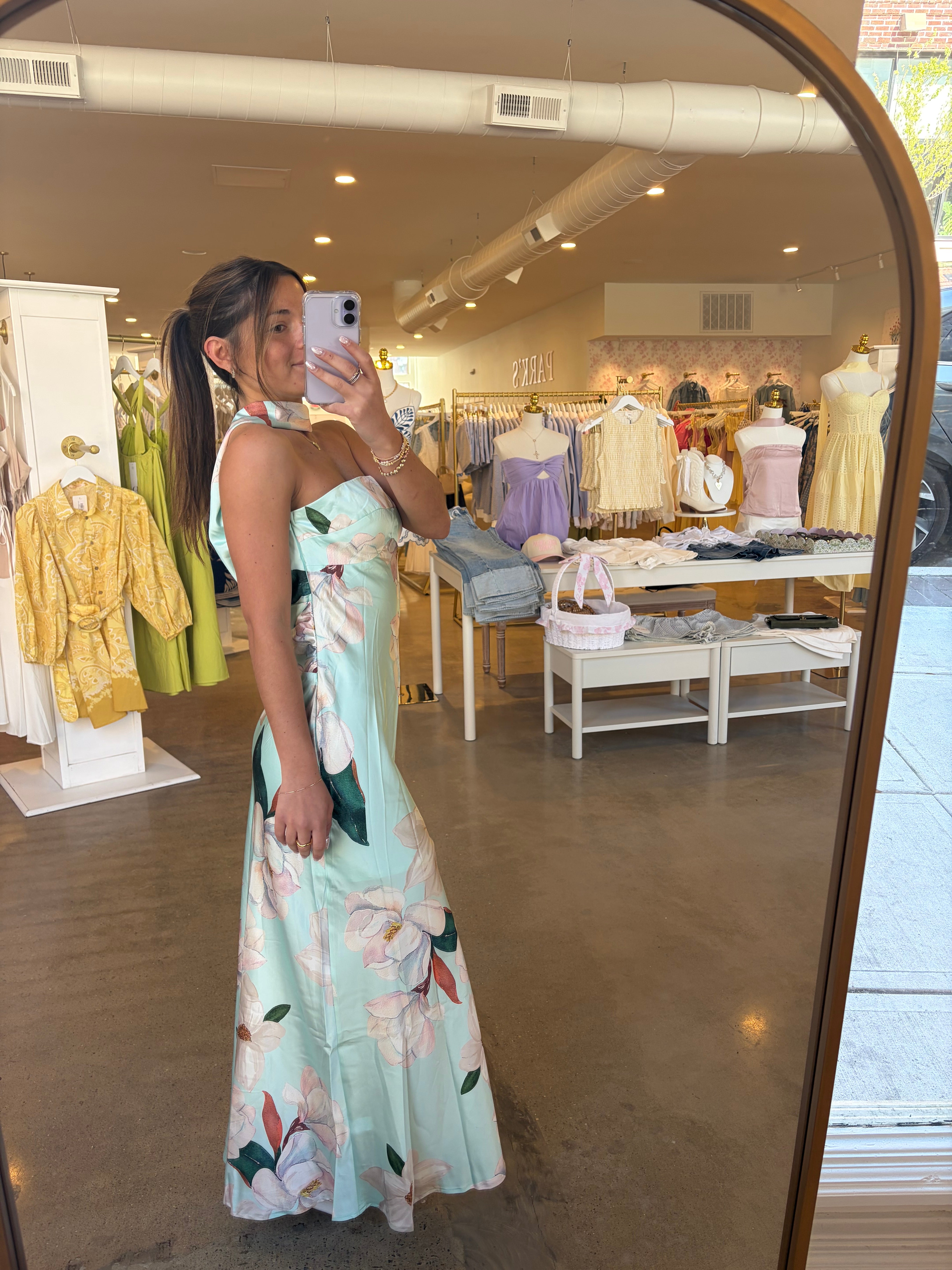 Garden Of Eden Satin Long Dress - Blue Floral