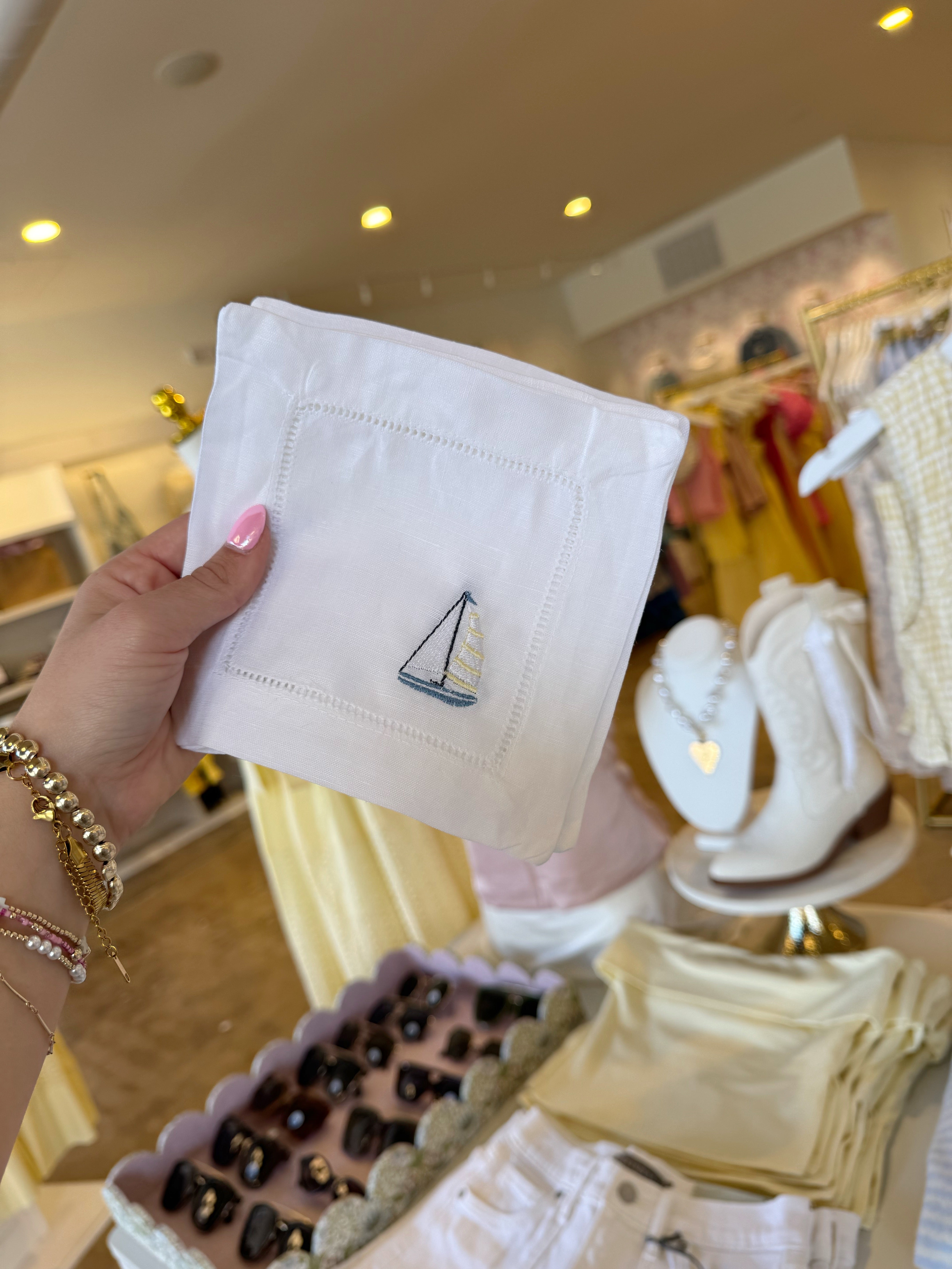 Embroidered Linen Cocktail Napkins SAILBOAT - 4 pack