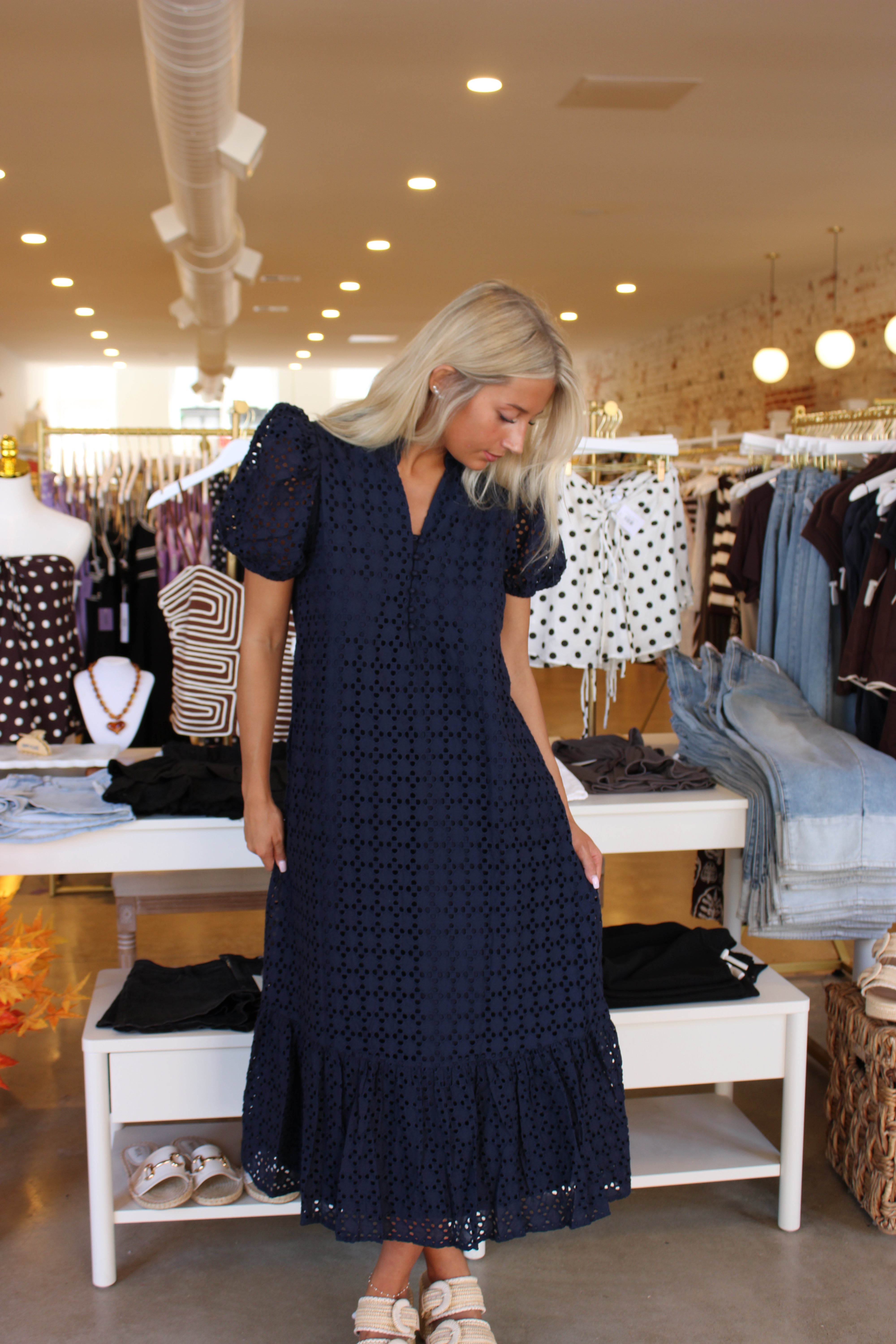Martha Eyelet Midi Dress - Navy