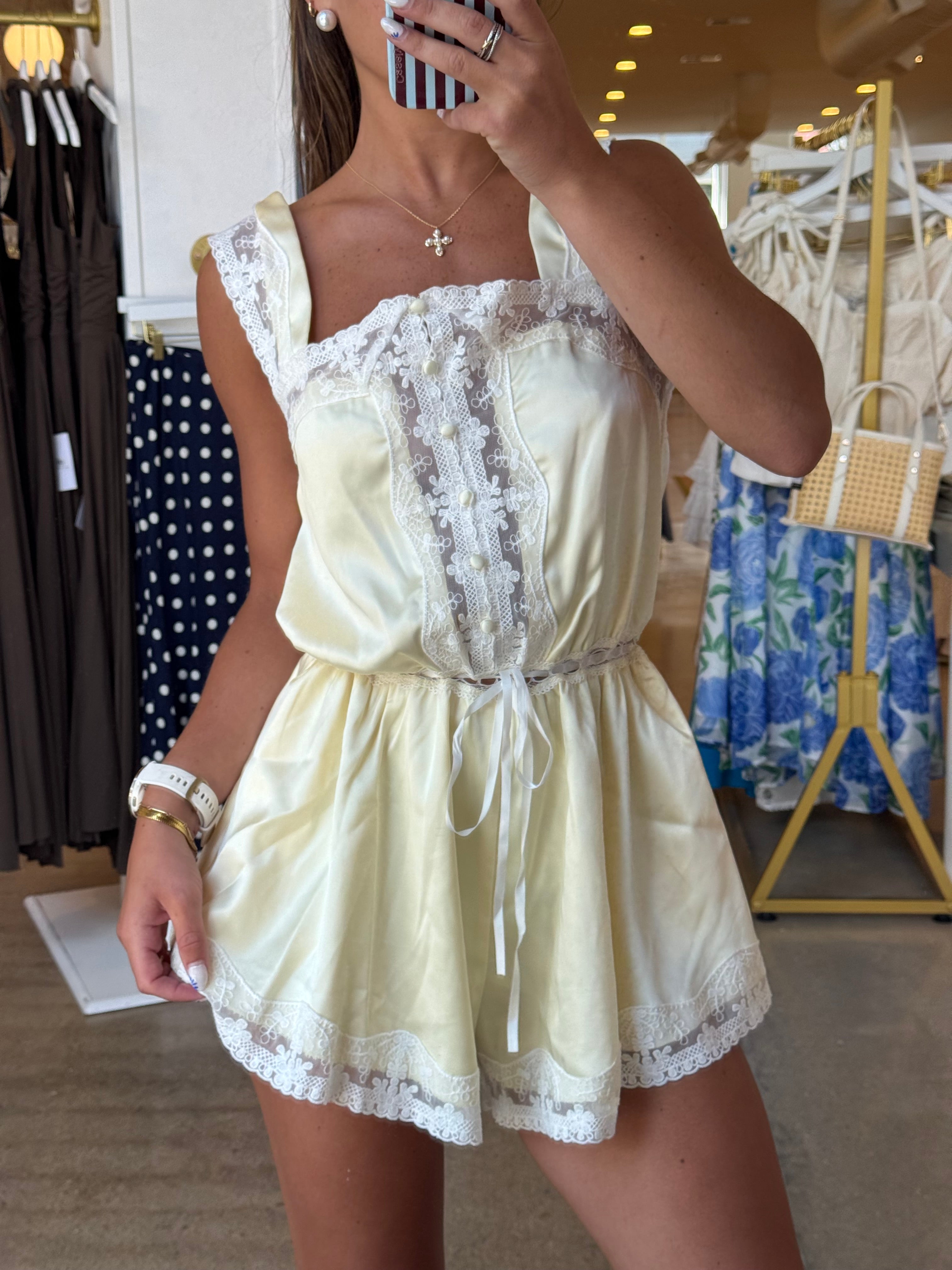 Gracie Satin Lace Trim Romper - Pale Yellow