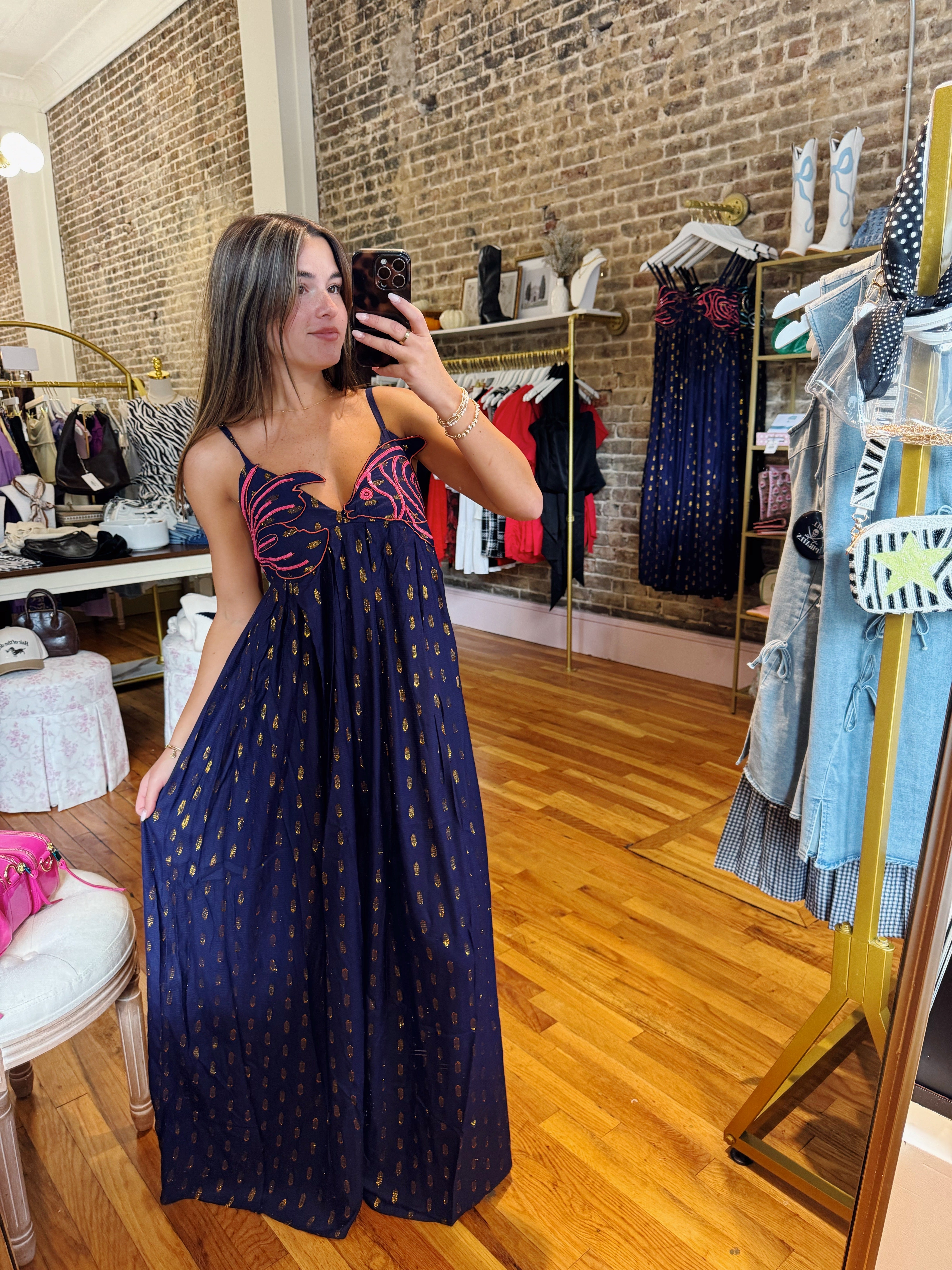 Browfin Fish Embellished Lurex Dress - Navy & Pink