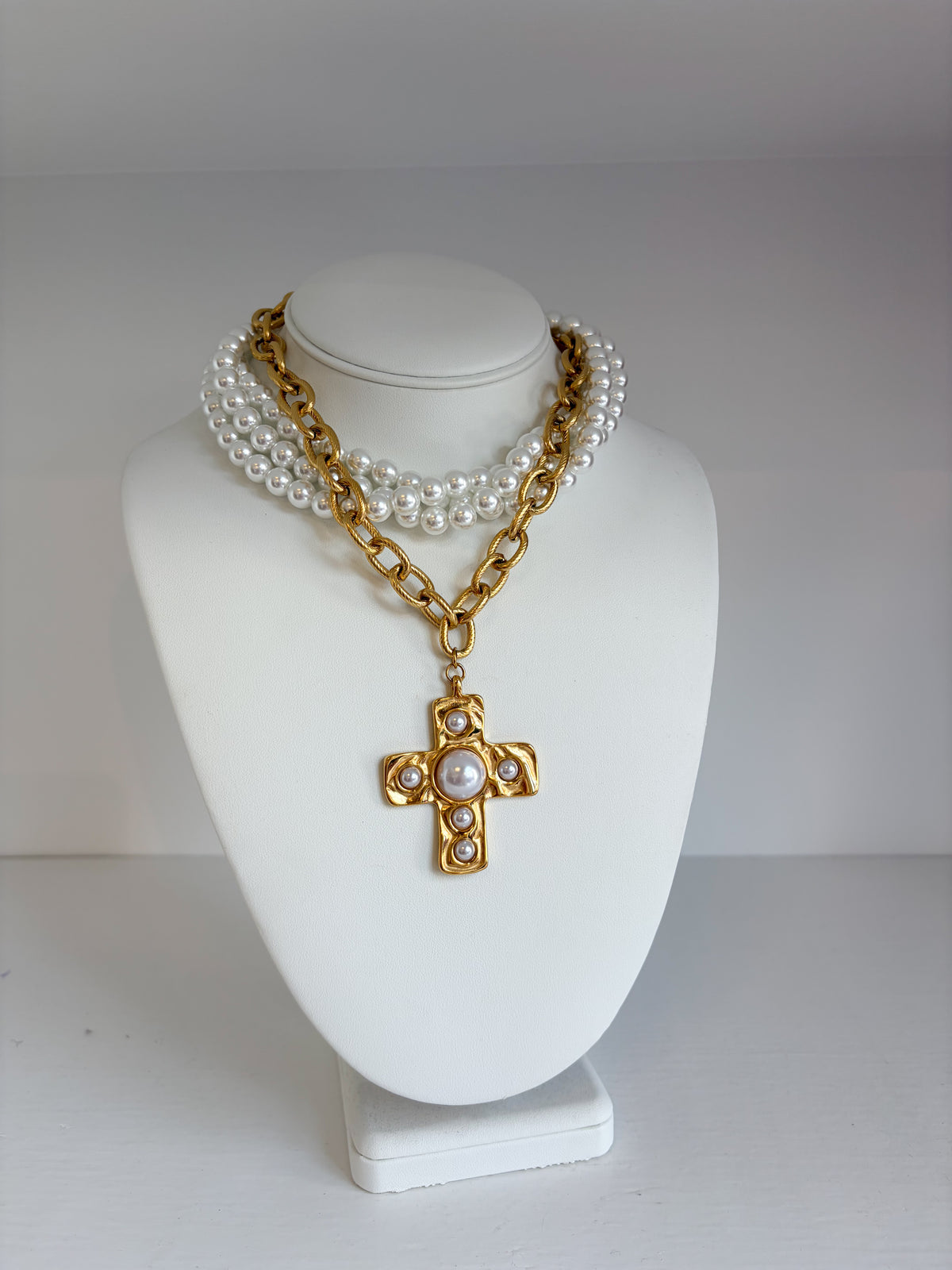 Destine Layered Pearl Gold Cross Necklace