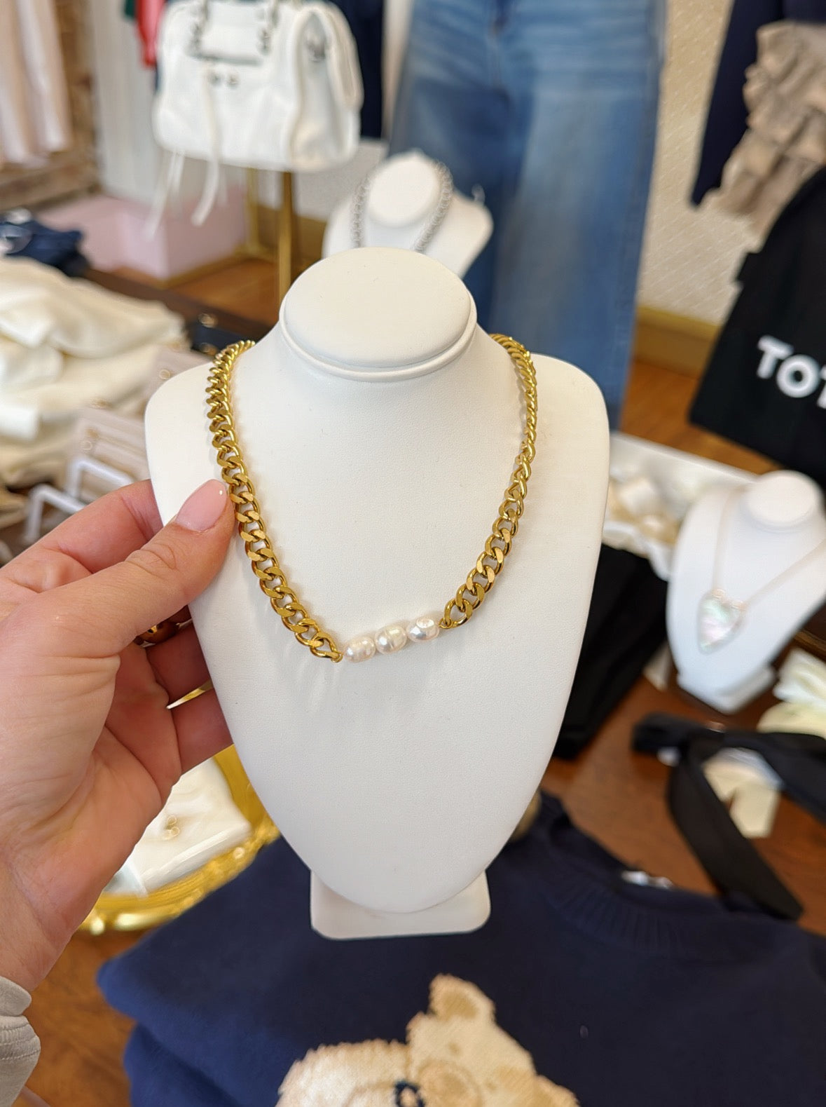 Pearl + Chain Necklace - Gold - Water Resistant