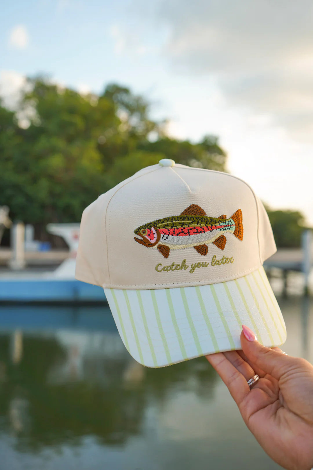 Catch You Later Embroidered Trucker Hat - Green Stripe