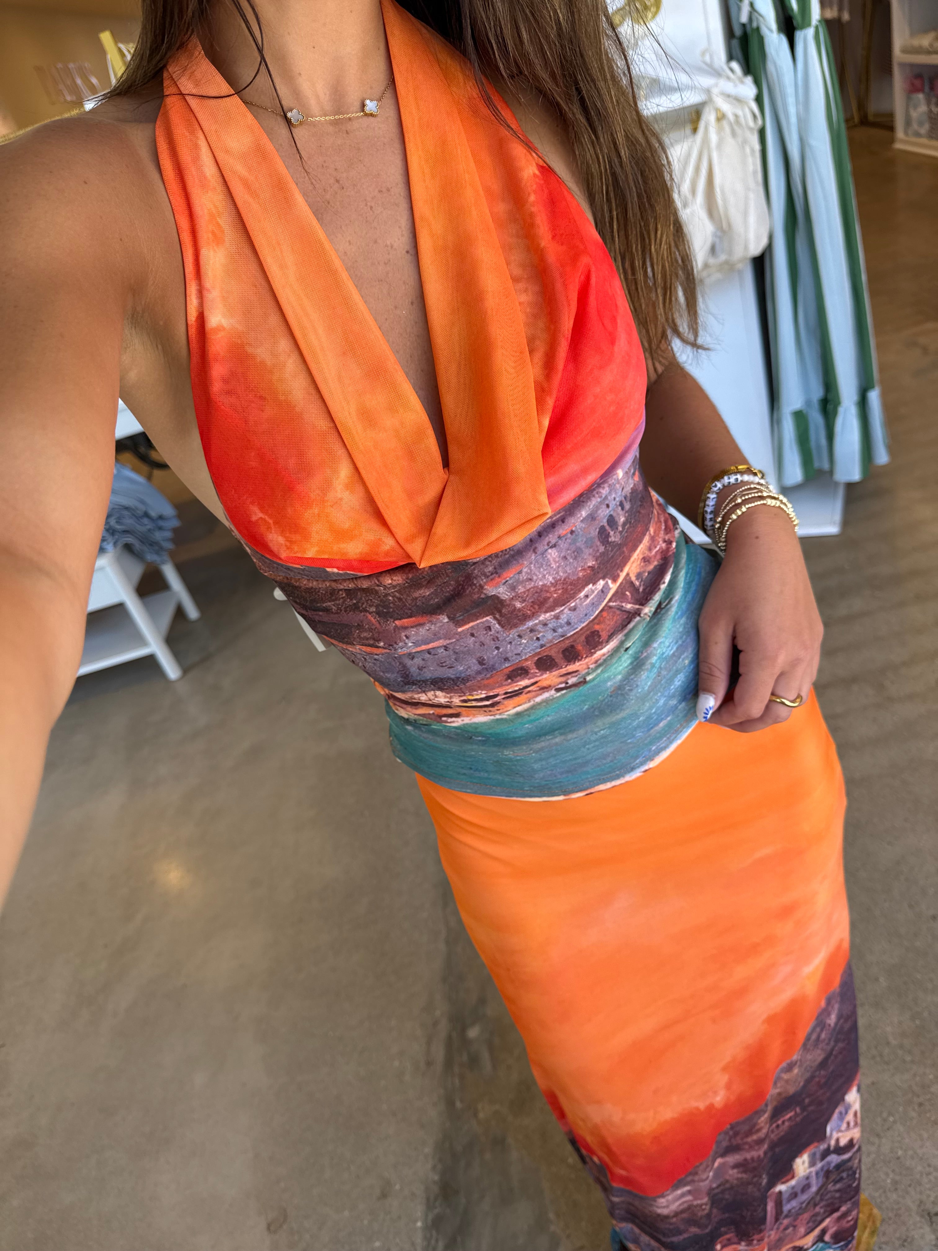 Soren Halter Top & Maxi Skirt Set - Orange Multi