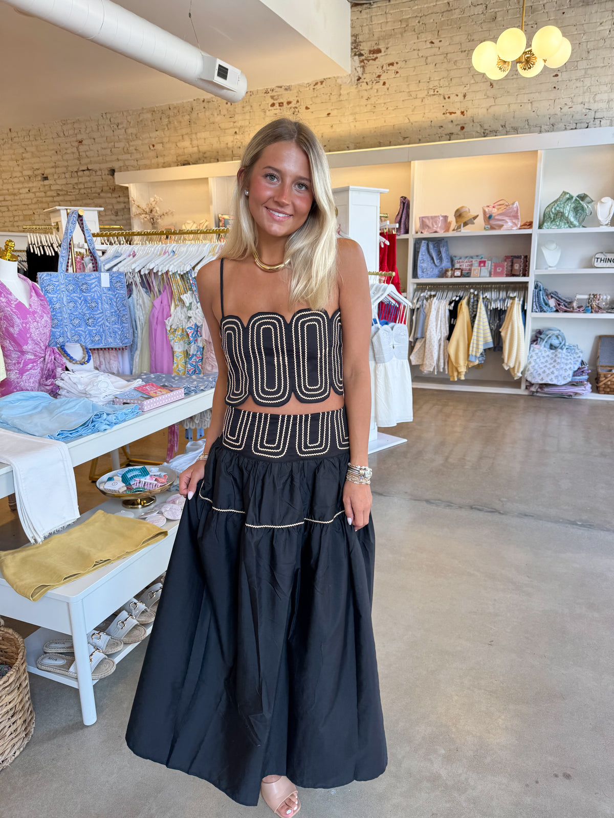 Southern Grace Embroidered Top & Midi Skirt Set - Black/Gold