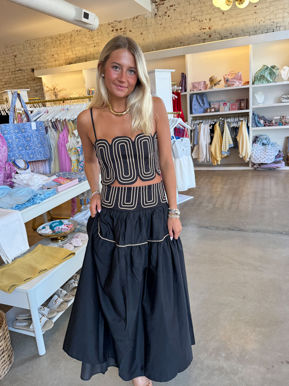 Southern Grace Embroidered Top & Midi Skirt Set - Black/Gold