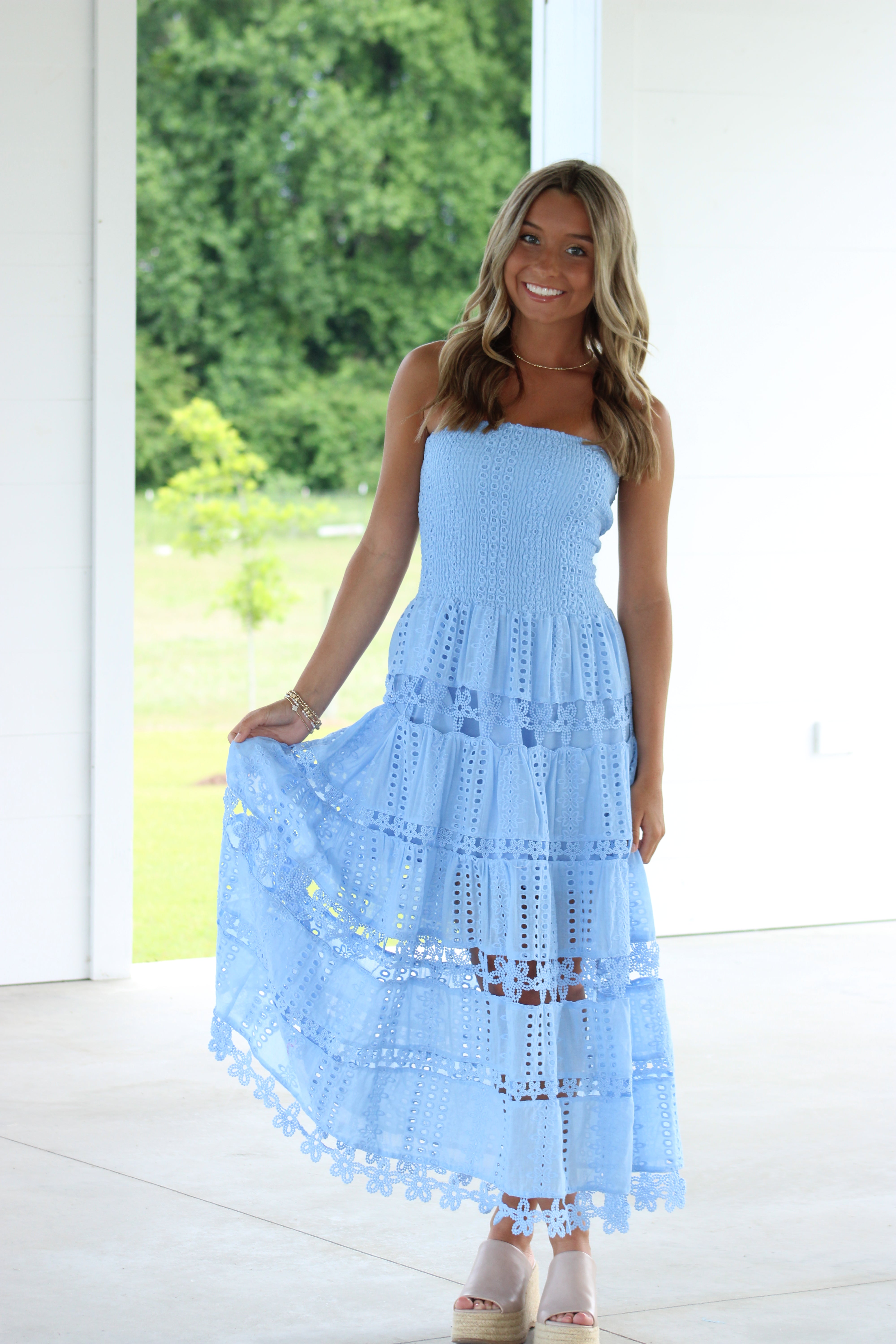 Amy Eyelet Midi Dress - Light Blue