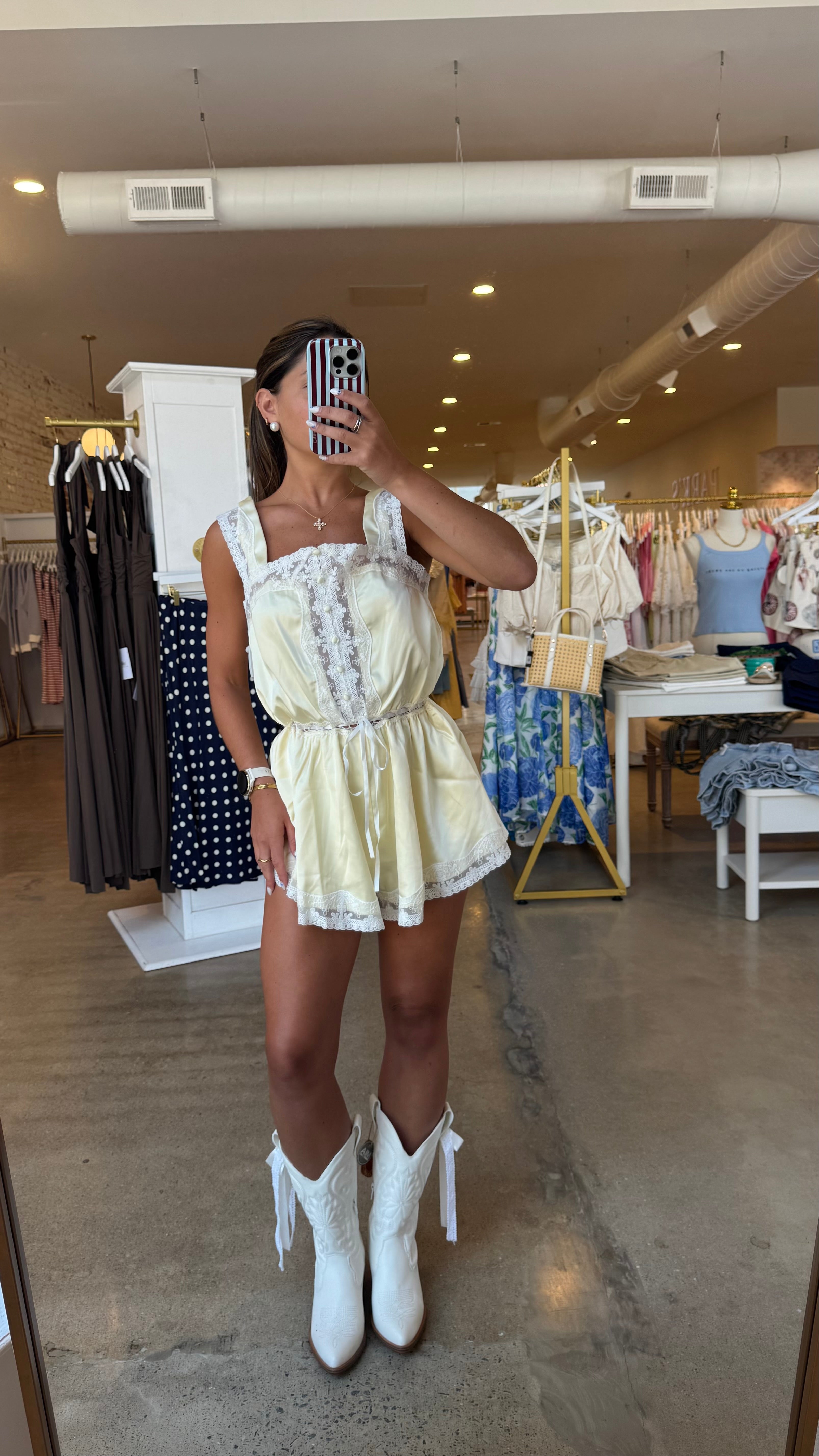Gracie Satin Lace Trim Romper - Pale Yellow