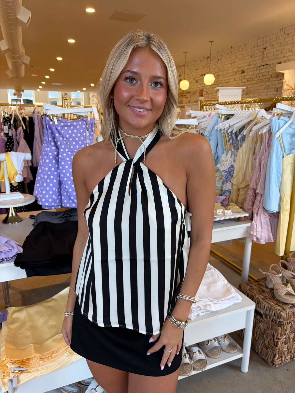 Annie Halter Neck Top - Black & White Stripe