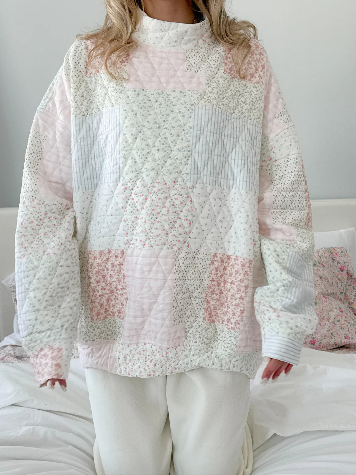 Quilted Pastel Mockneck Sweatshirt - Pink Multi