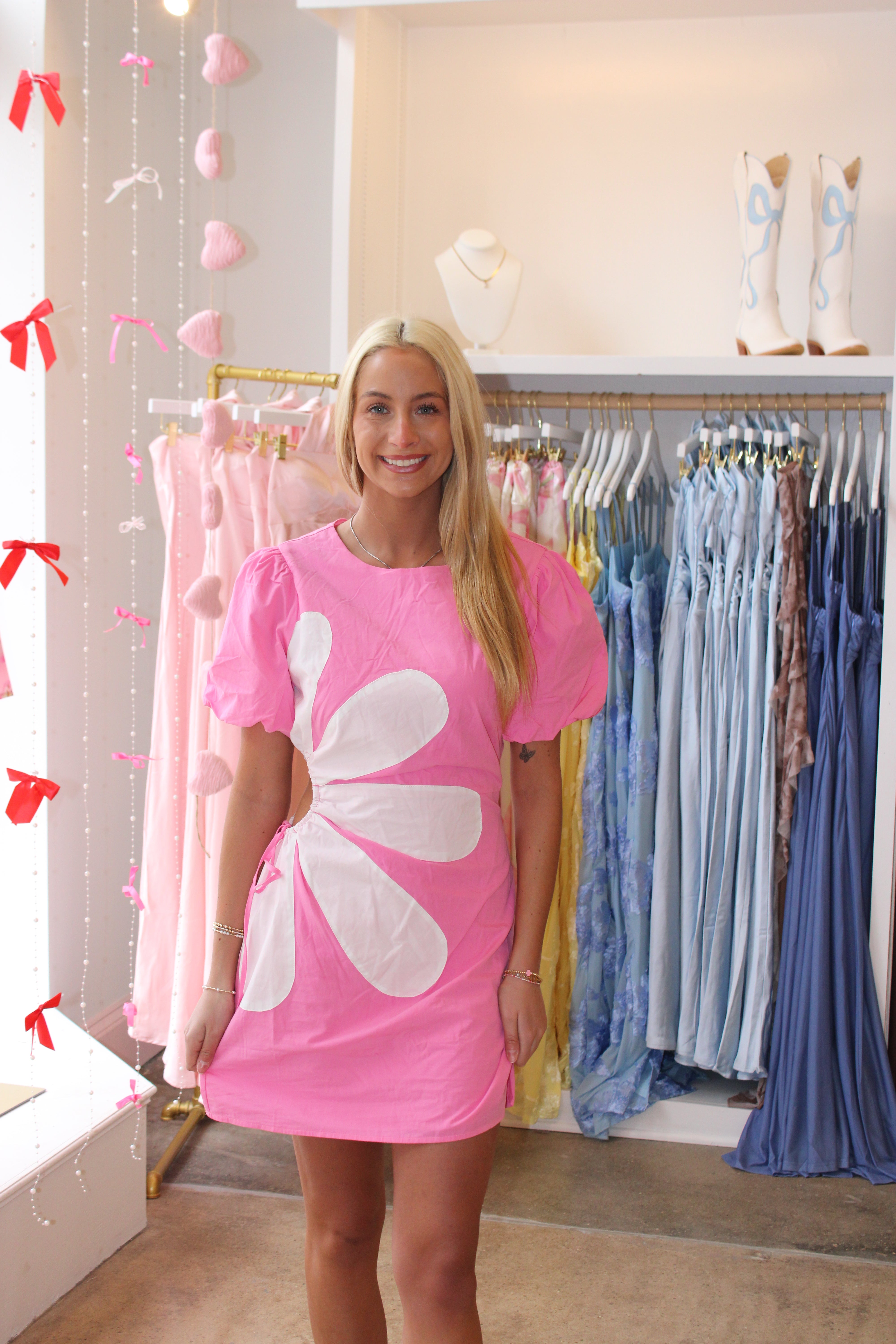 Mary Side Cut-Out Flower Detail Mini Dress - Pink